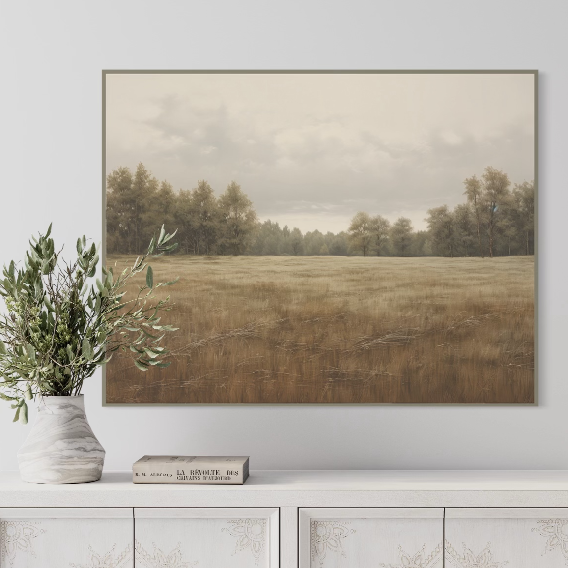 34x44 Treescape art print on natural cotton canvas framed in a thin gray hairline frame