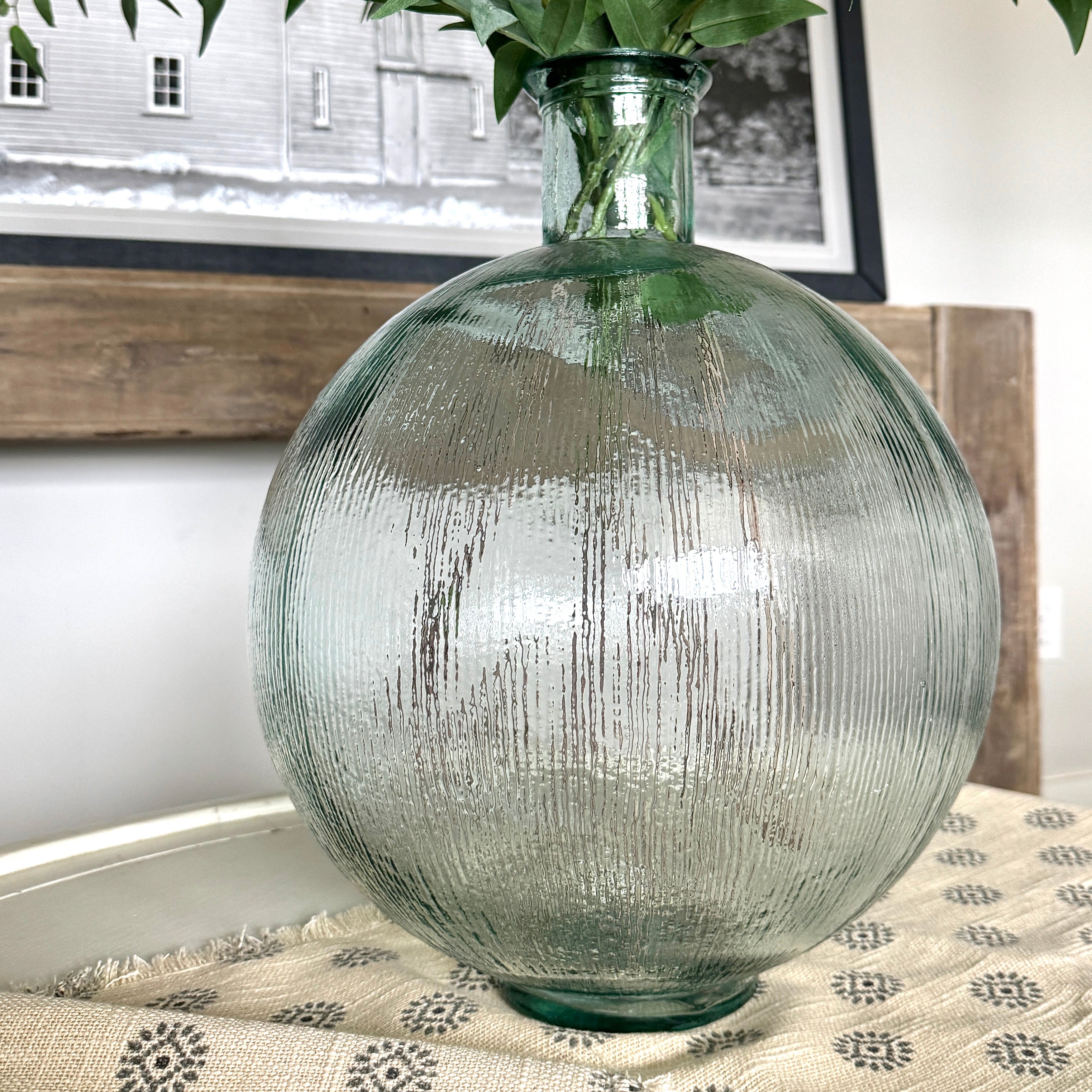 18” Ribbed Vase showcasing its elegant ribbed texture and design, perfect for displaying decorative flowers like our dandelion set.