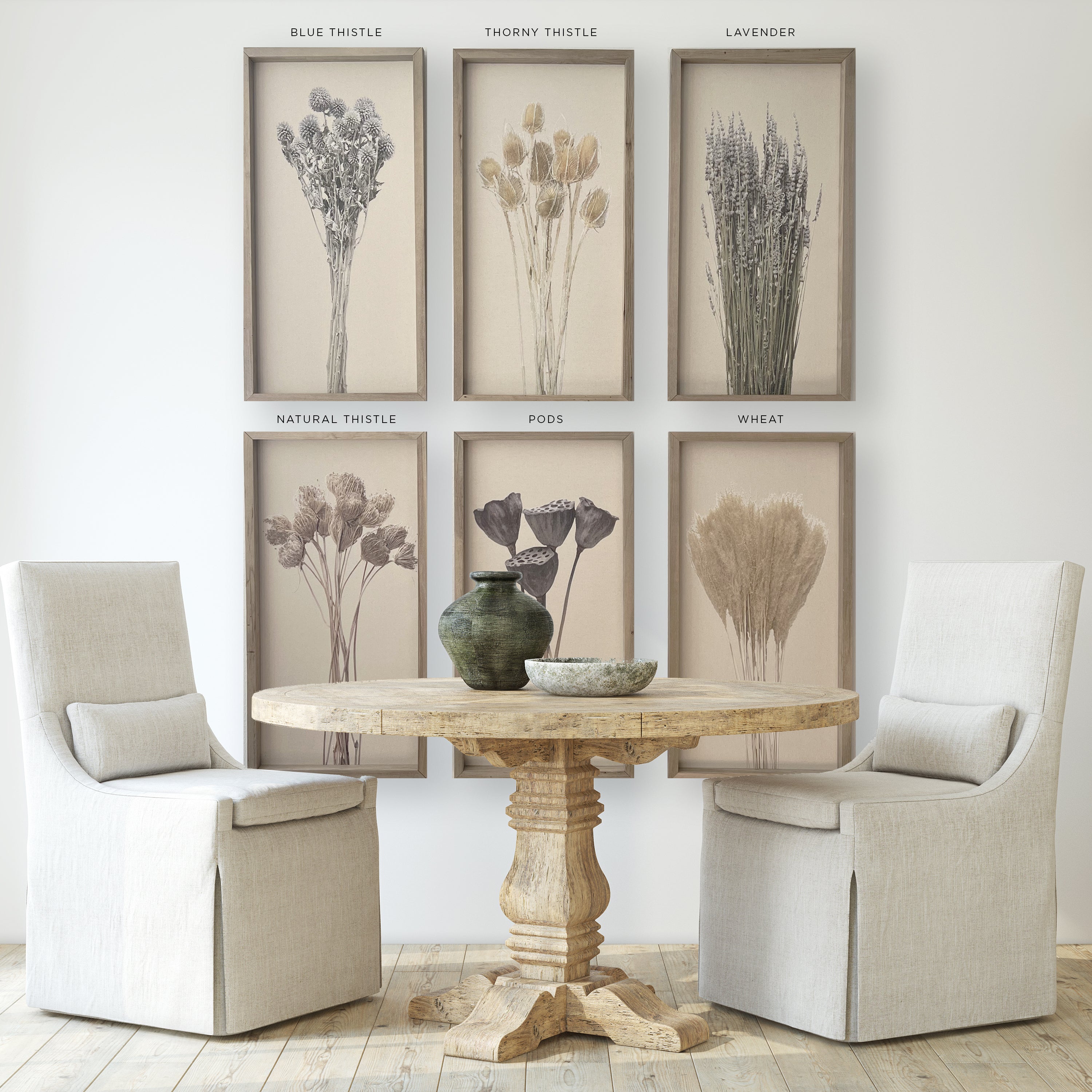 Botanical on Canvas with Wood Frame featuring a beautiful floral print on cream background, handmade in the USA, available in 6 styles.