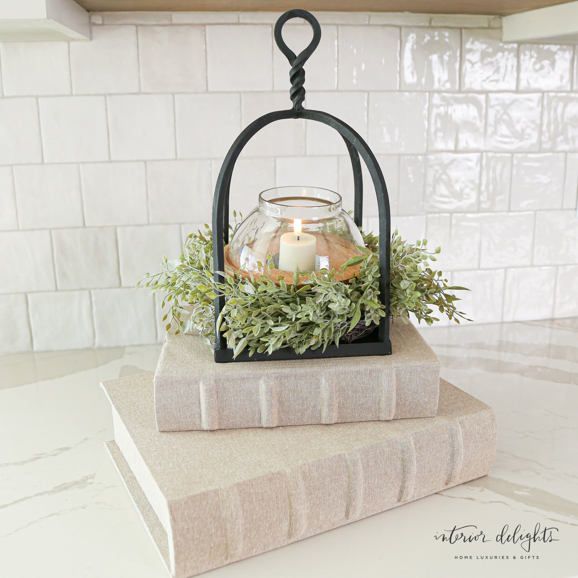 Twisted Top Lantern styled with seasonal candle rings, adding charm to any mantel or accent table.