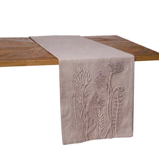 Floral Embroidered Taupe Table Runner