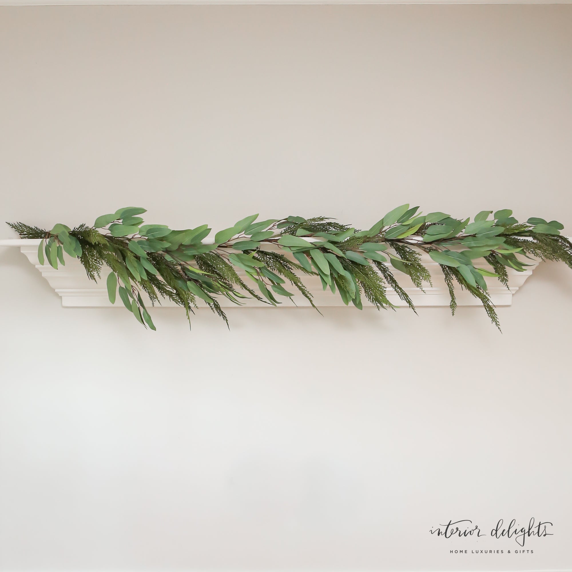 Close-up of the 6ft Cedar Eucalyptus Garland-Single, highlighting the rich textures of cedar and eucalyptus leaves.