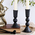 Hammered Black Short Candle Holders - Set of 2, perfect for tabletop decor, showcasing a 6" Tall and a 4" Tall holder.
