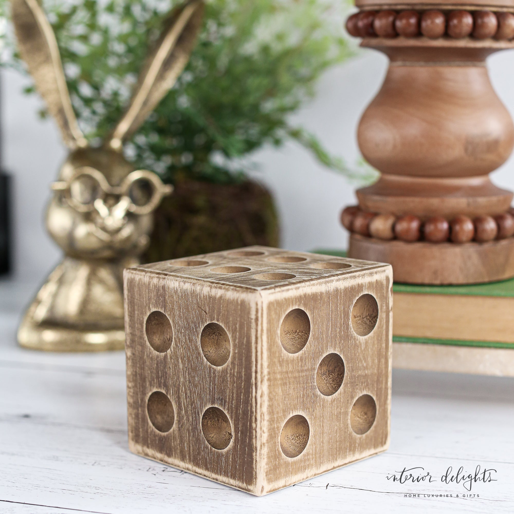 Natural Wood Die measuring 4x4x4 inches, perfect for craft projects and decor.