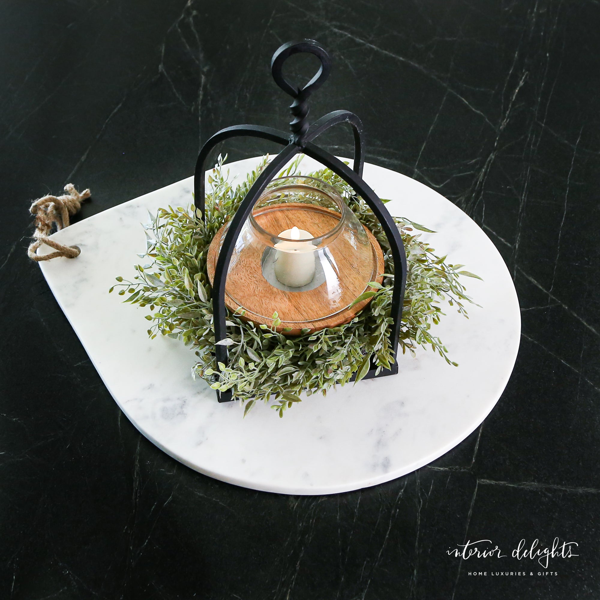 Dimensions of Twisted Top Lantern measuring 14" H x 7.7" W, ideal for small spaces.