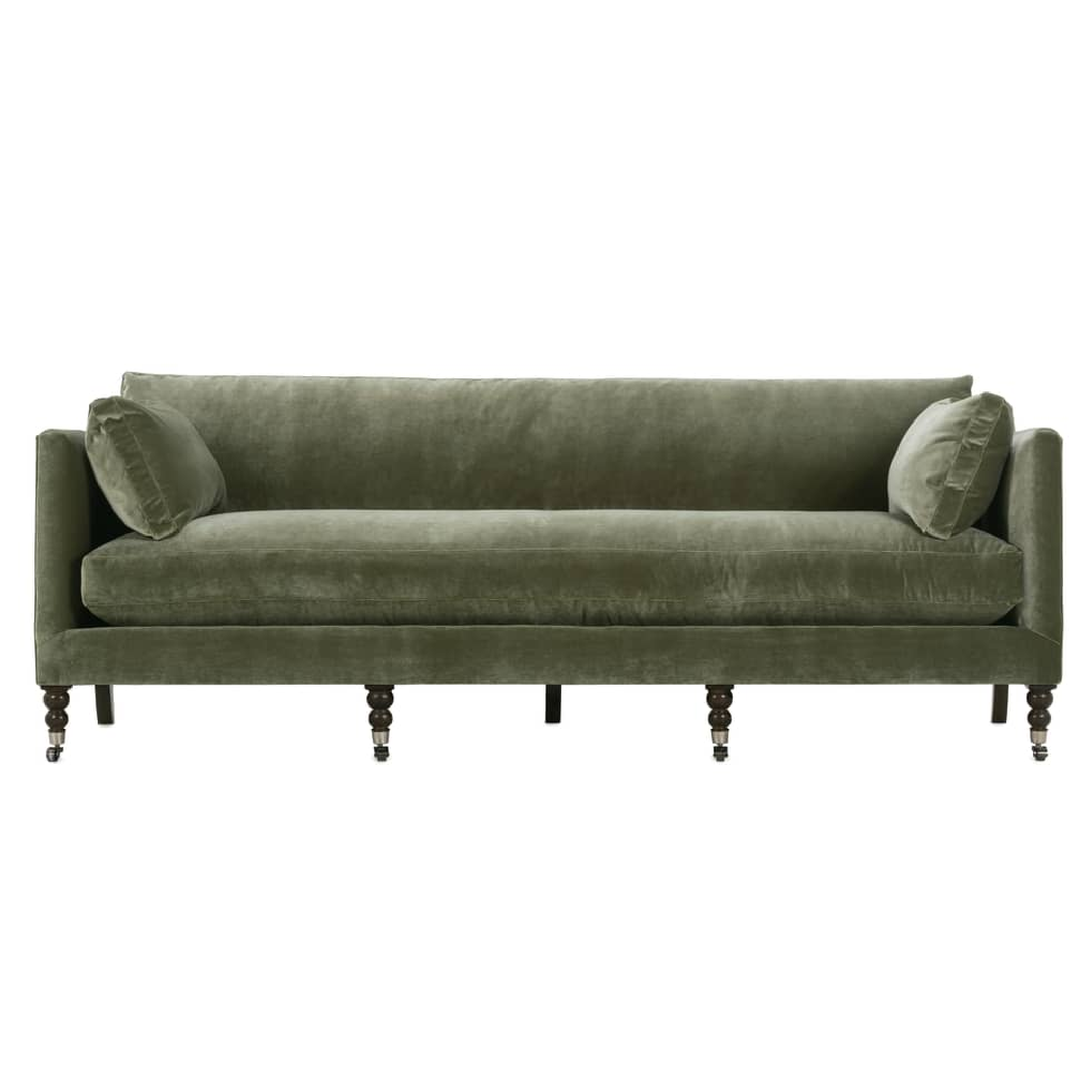90" Green Velvet Sofa featuring elegant design and stylish spool legs with pewter casters.