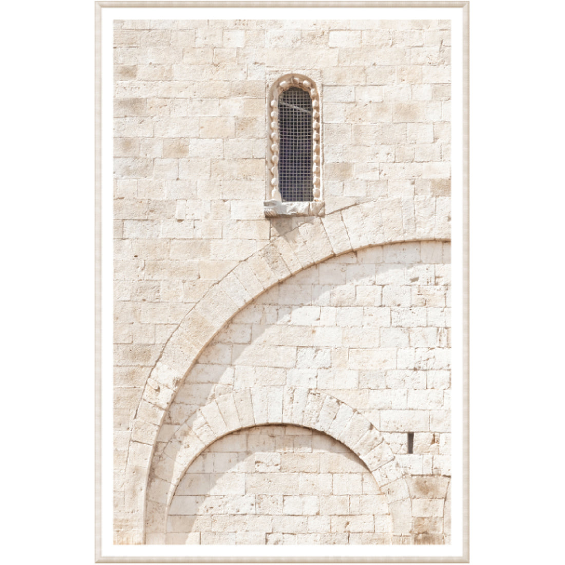 Stone Wall art featuring sun-soaked architectural details with white and cream bricks, perfect for adding a soothing touch to your decor.