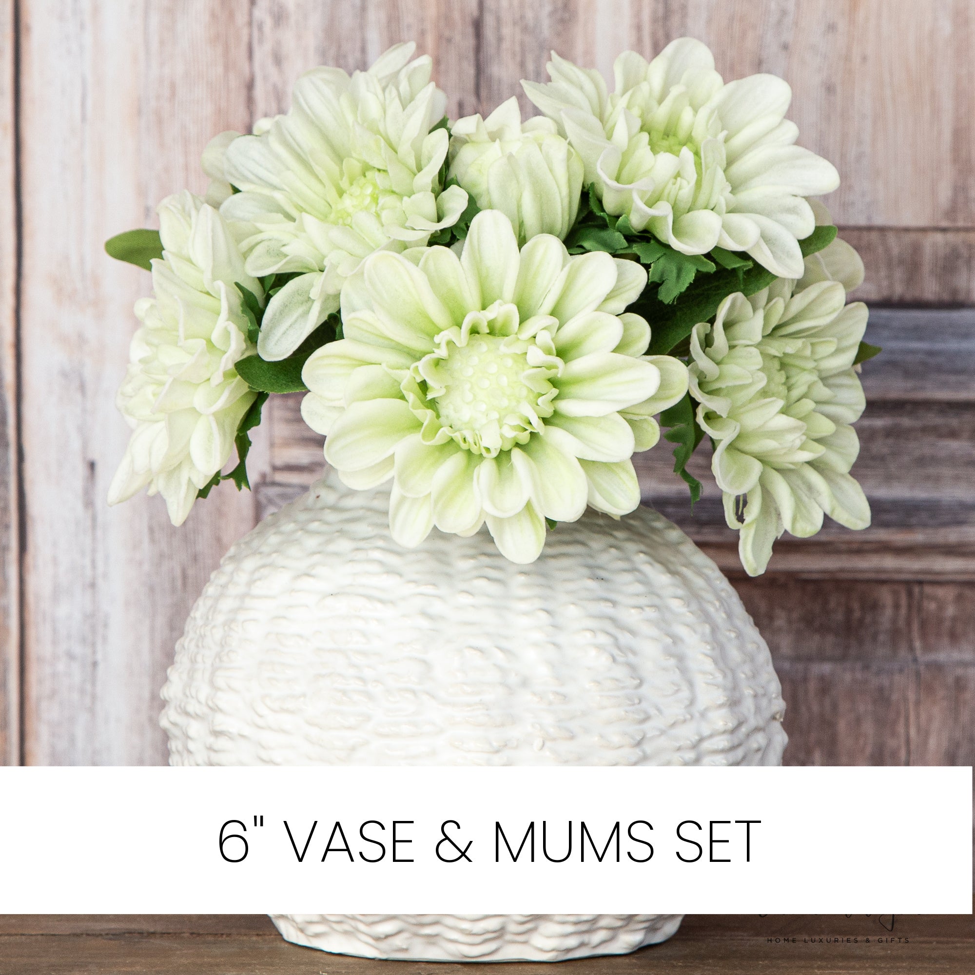 Curated Set: 6" Woven Ceramic Vase + Two White Mum Bundles