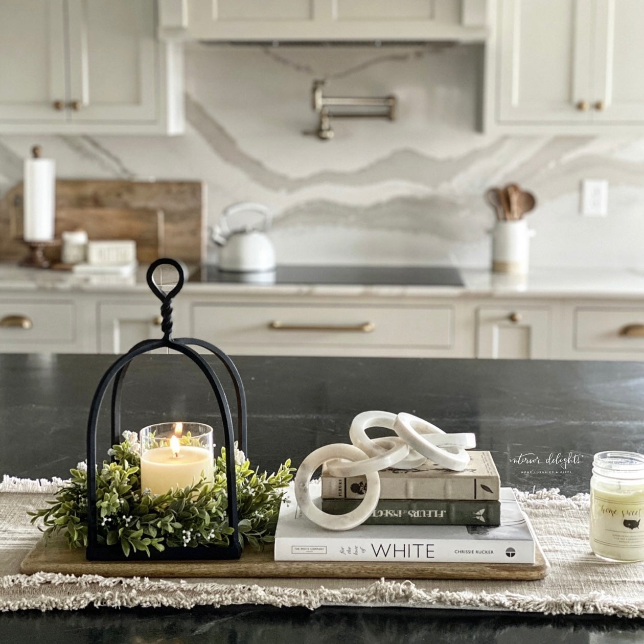 Twisted Top Lantern placed on a countertop, enhancing the ambiance with its warm light.