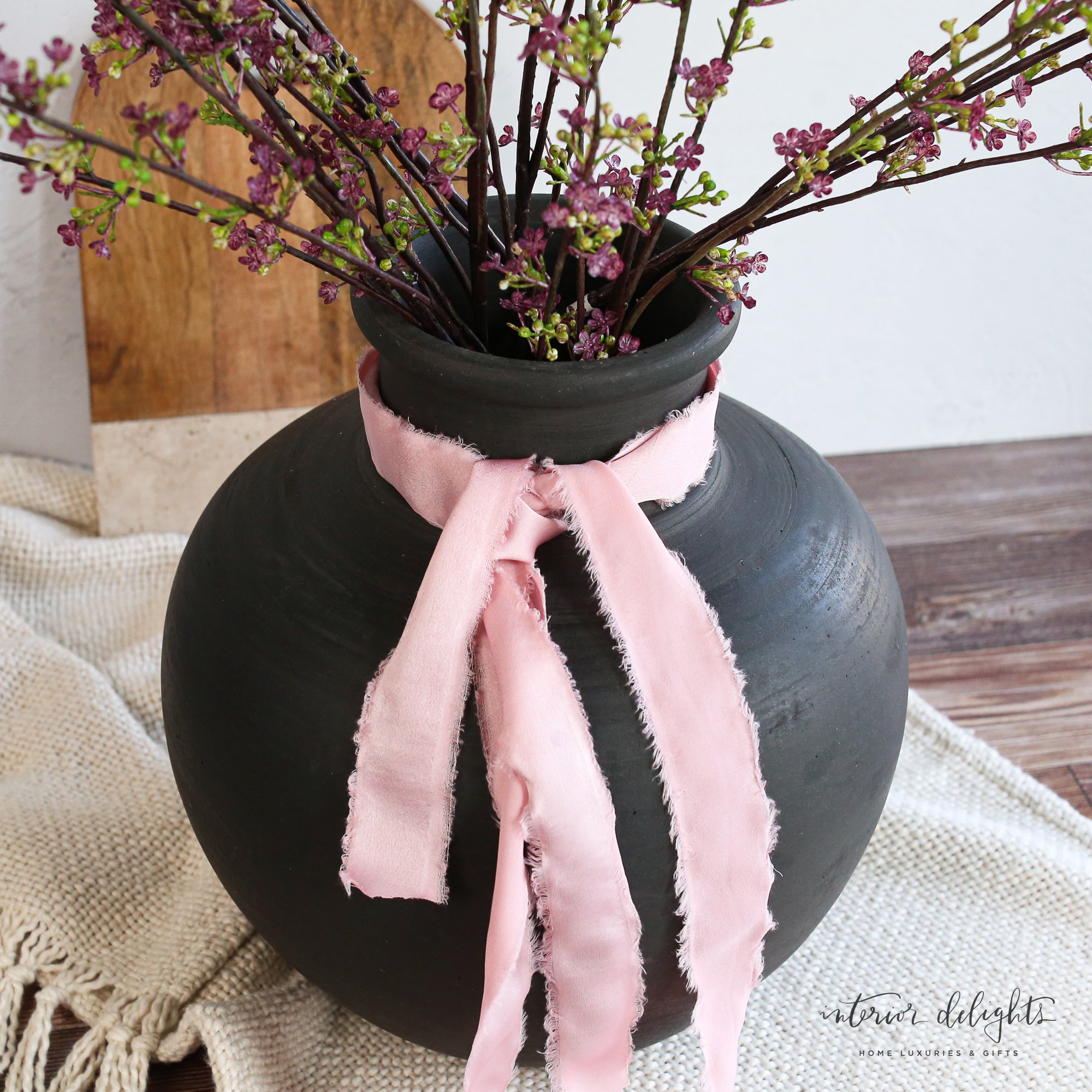 Large 13.5 in Black Terracotta Vase ideal for tall floral arrangements with a narrow opening.