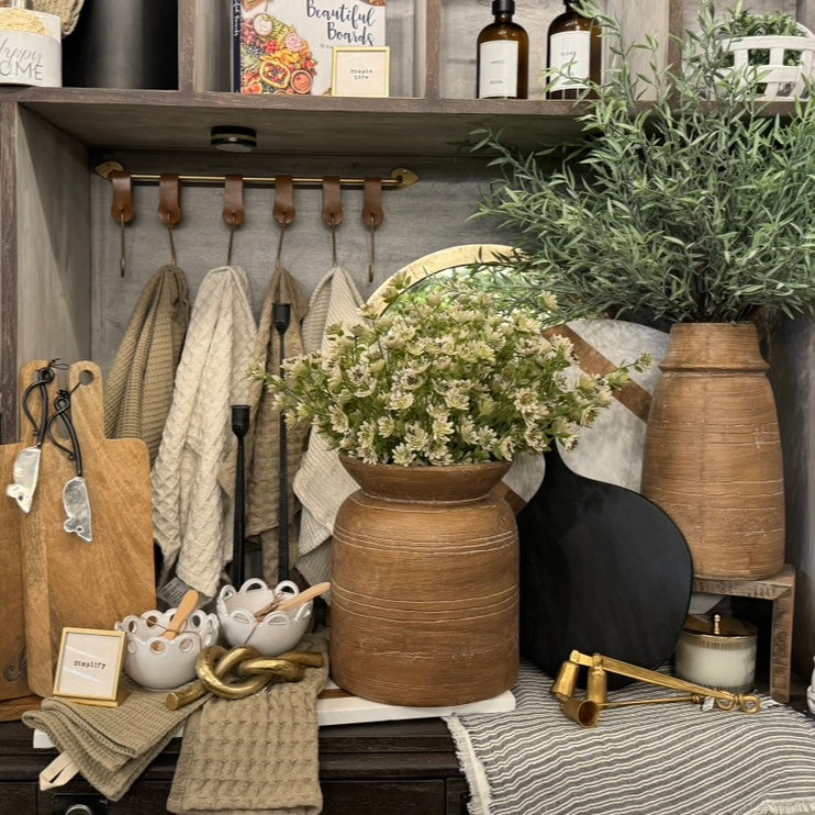 11.5” Brown Line Vase featuring rustic texture and handcrafted design, perfect for floral displays or as a standalone decor piece.