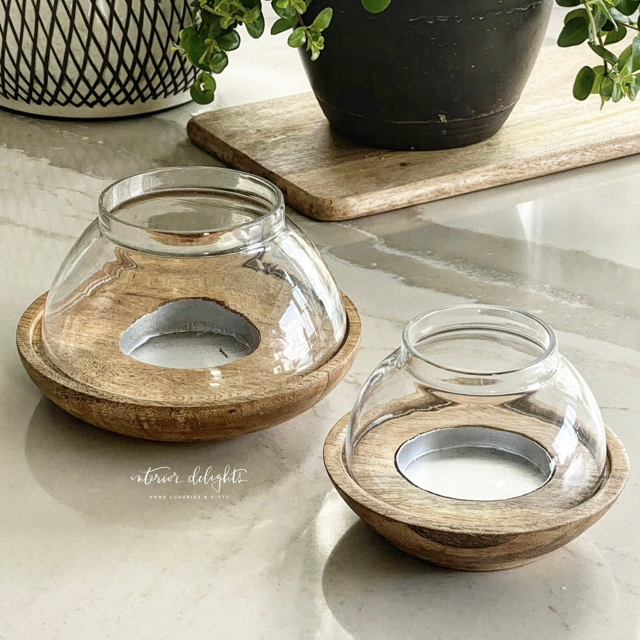 A cozy setup with the Set of 2 Wood and Glass Candle Holders, perfectly complementing rechargeable votive candles.