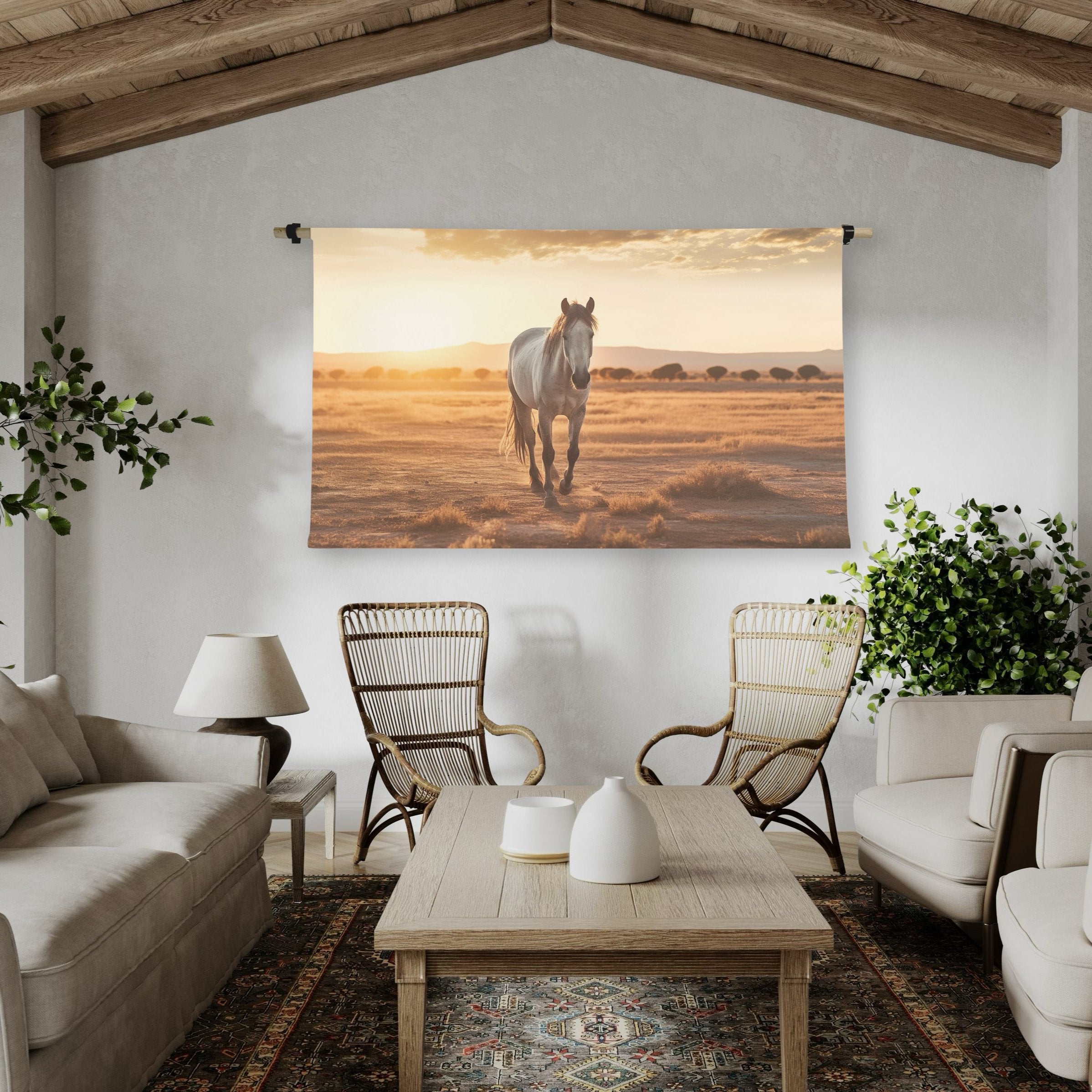 Beautifully crafted Horse with Landscape Scroll, featuring dowels and hanging brackets for an elegant display.
