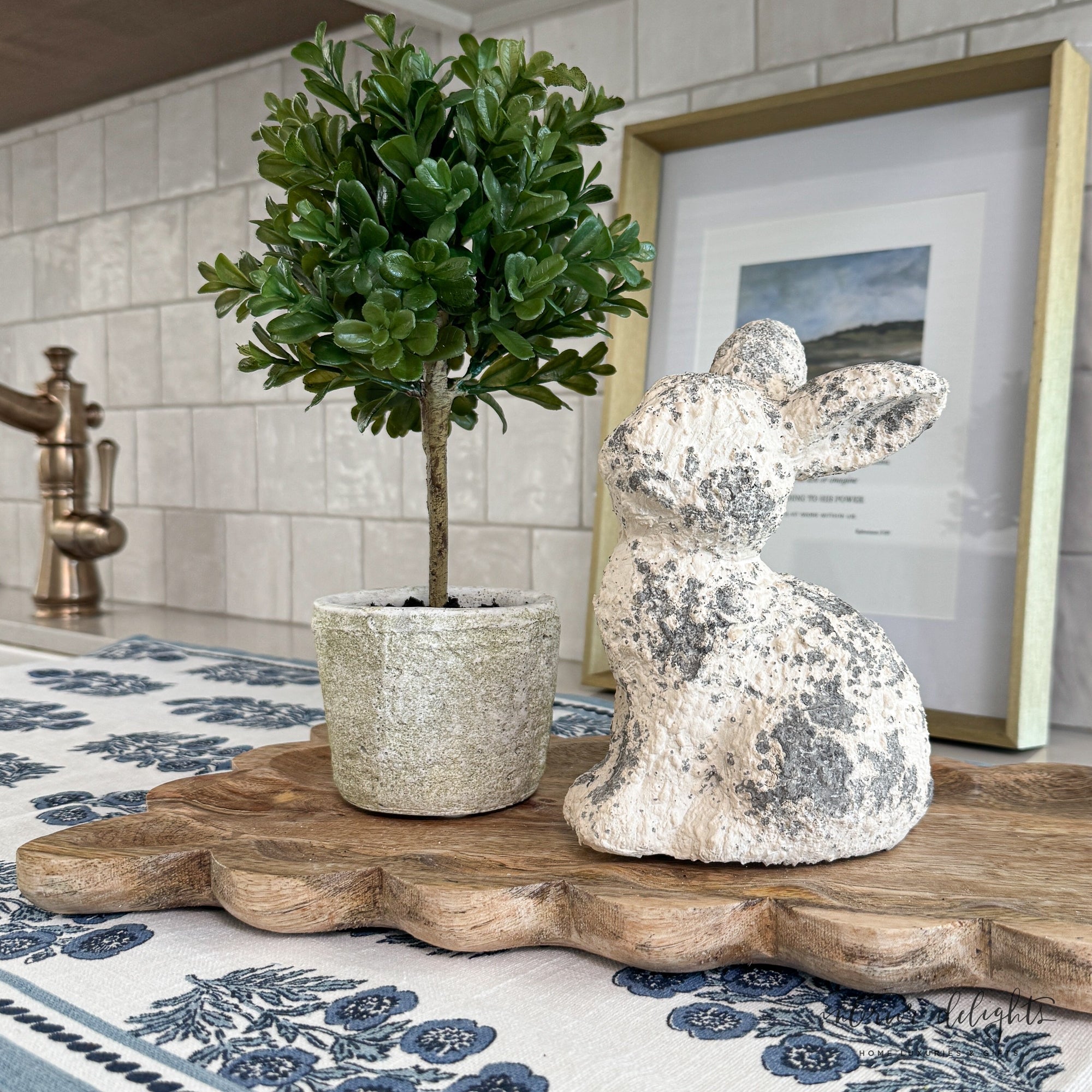 11” Green Boxwood Topiary in Clay Pot styled on a tabletop, adding elegance to any space.