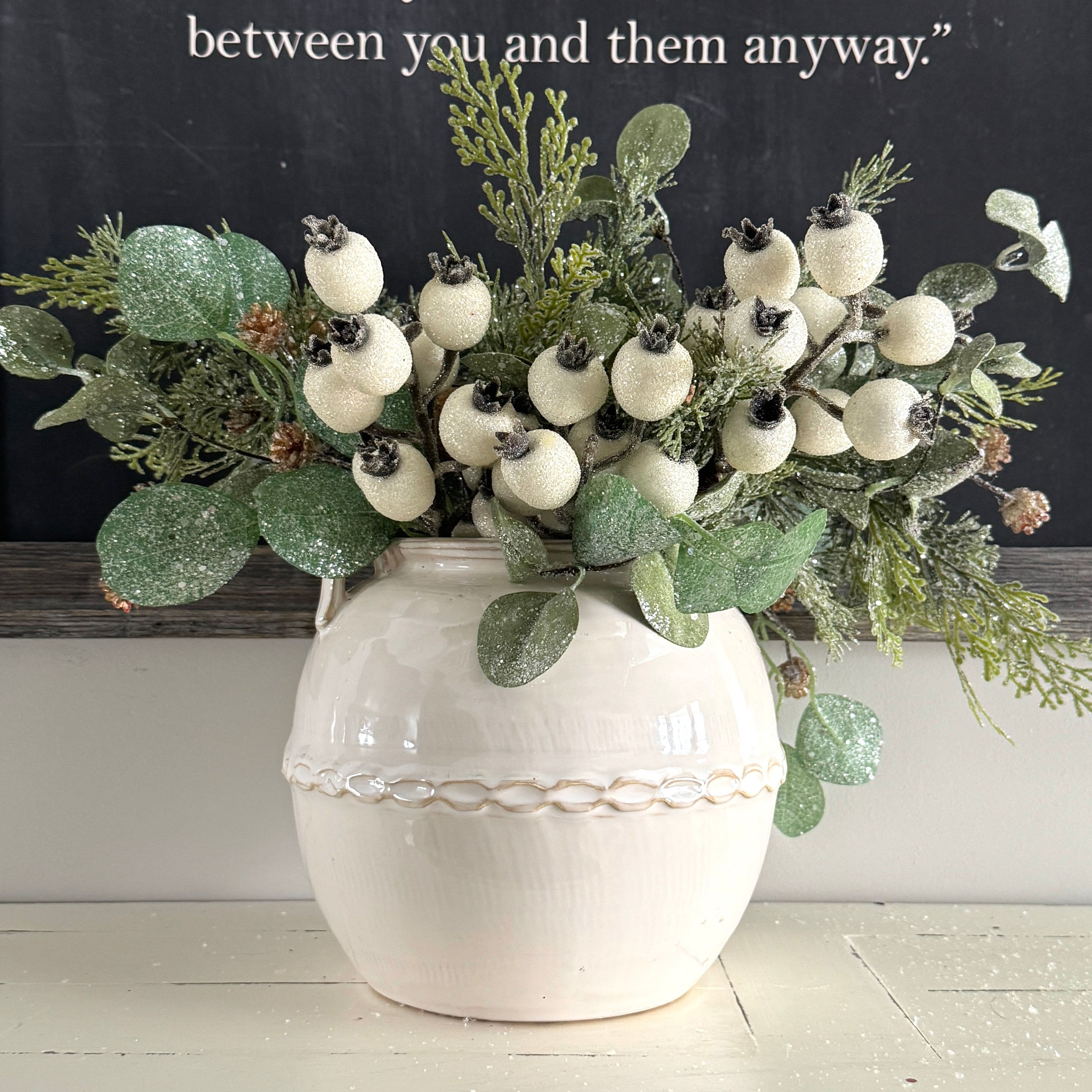 ARRANGEMENT: Cream Braid Vase + White Icy Berry + Golden Bell Stem