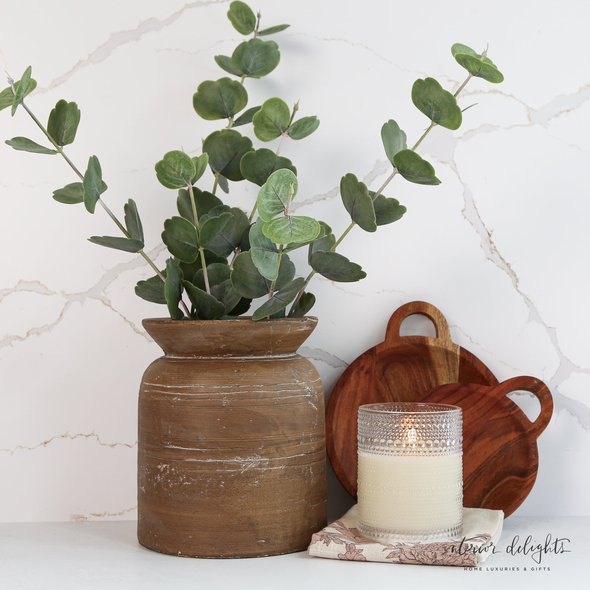 9" Brown Line Vase styled with Garden Angelica Picks, enhancing the vintage appeal of home decor.
