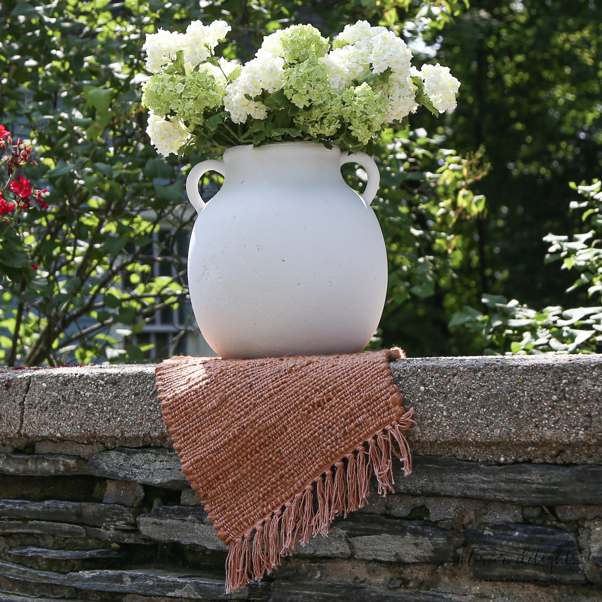 Stylish 12” White Two Handle Jug Vase showcasing elegant double handles and matte finish, perfect for floral arrangements.