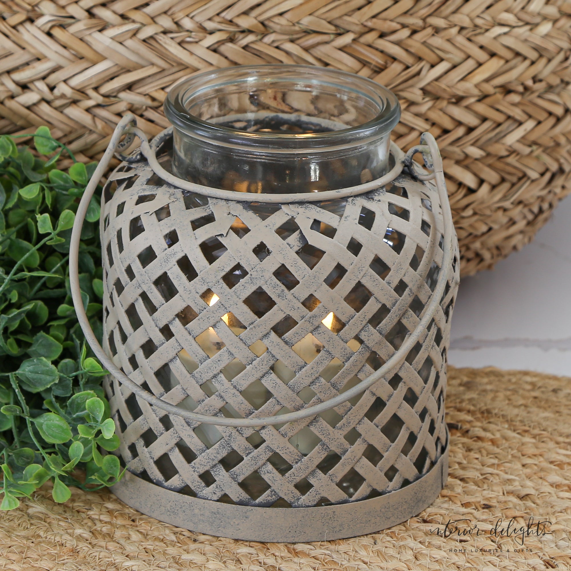 Lattice Lanterns: Set of 2 featuring delicate beige lattice design, perfect for adding texture and warm light to any space.