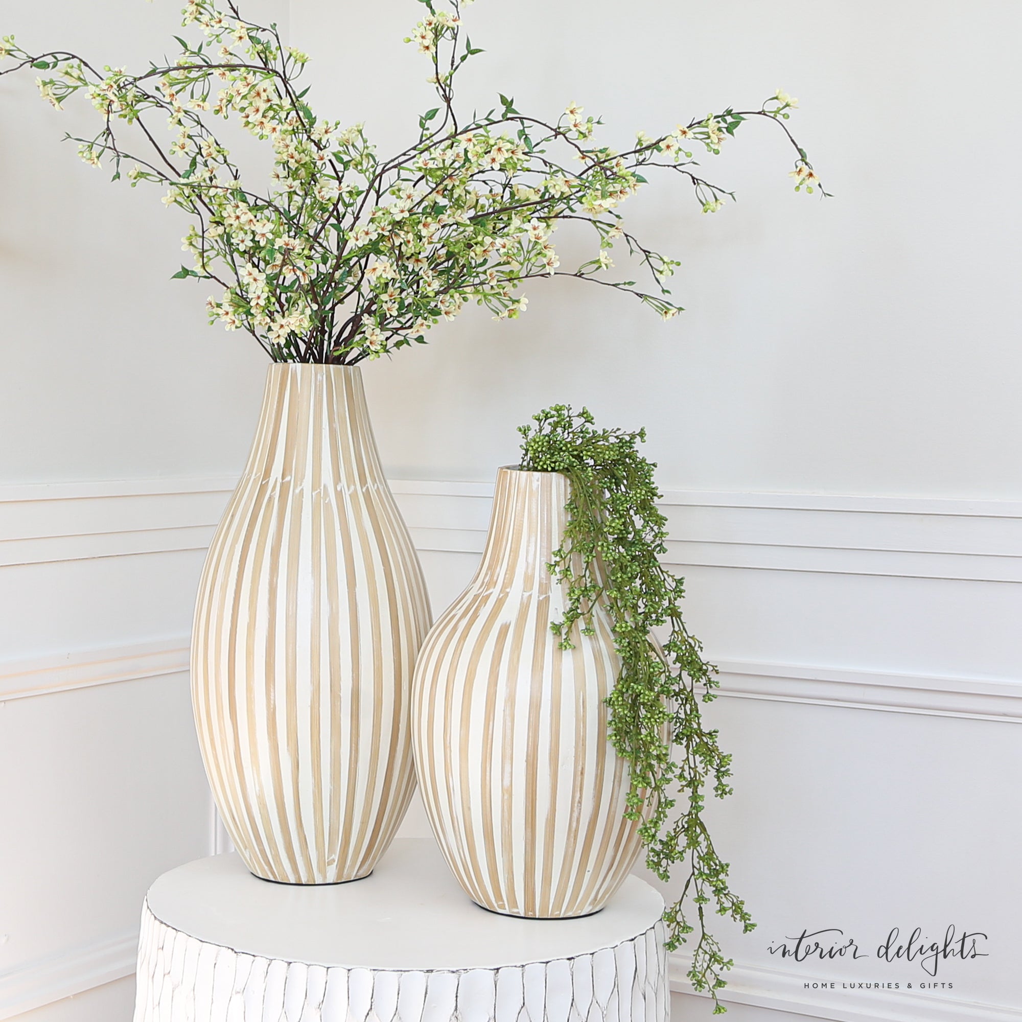 Beautifully arranged 17” and 21” Natural Striped Vases with faux florals, ideal for rustic or coastal home décor.