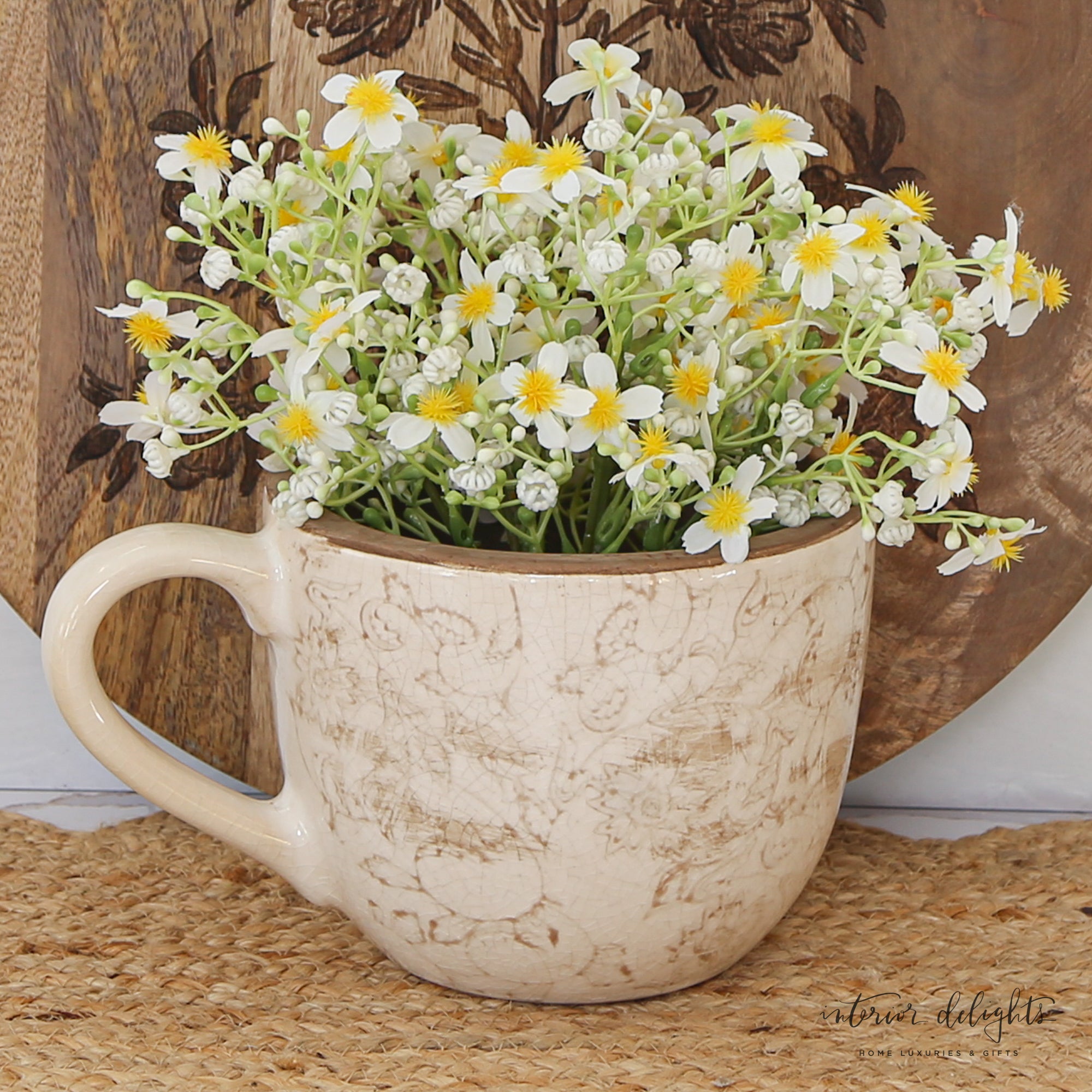 5" Beige Heirloom Tea Cup Planter featuring a large cup design available in stylish beige color, ideal for patios and tabletop decoration.