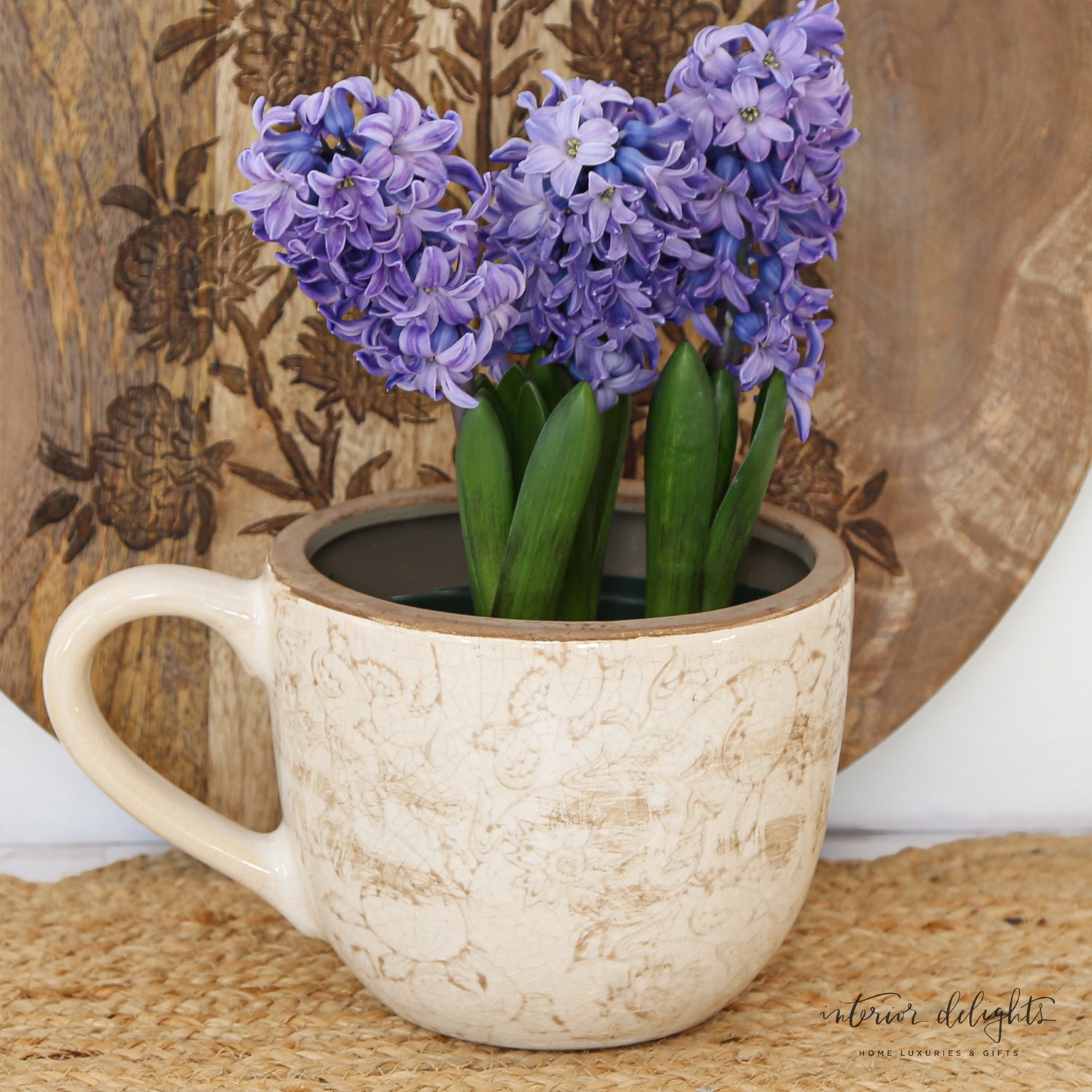Black Floral Scroll Heirloom Tea Cup Planter in a whimsical oversized design, ideal for home decor.