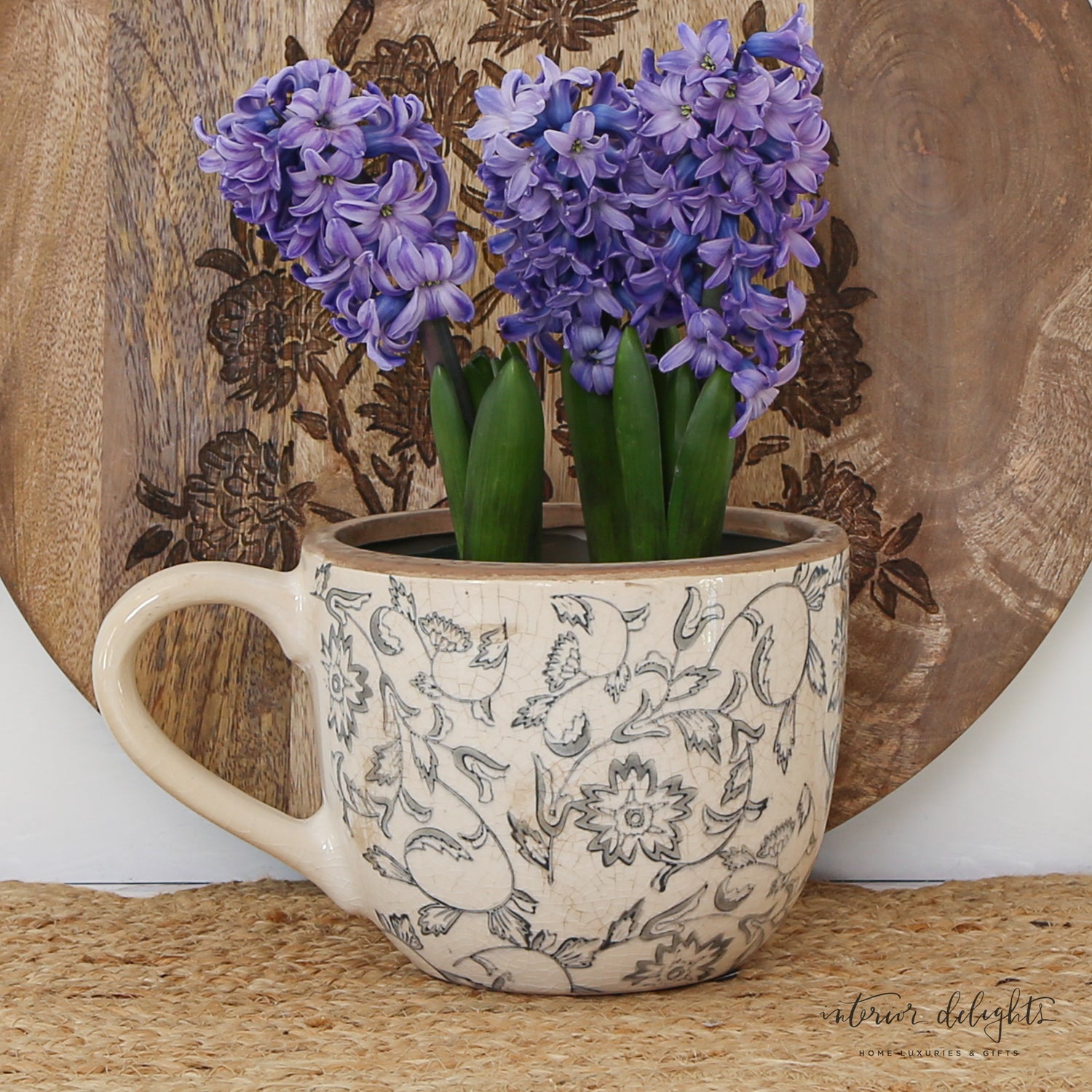 Close-up of the intricate pattern on the 5" Beige Heirloom Tea Cup Planter, highlighting its timeless elegance.