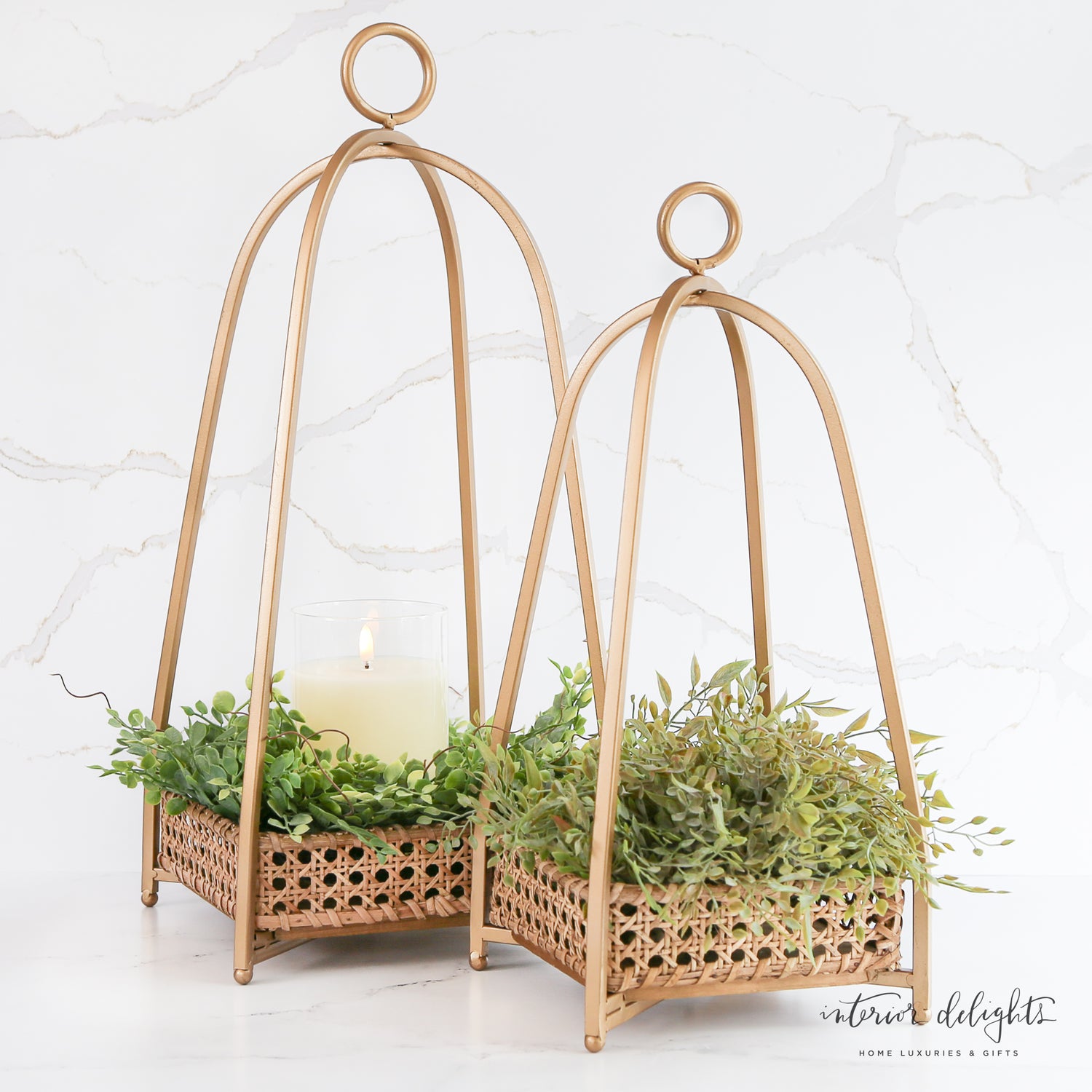 Set of 2 Cane Tray Lanterns showcasing a stunning gold metal finish and elegant open-weave cane design.