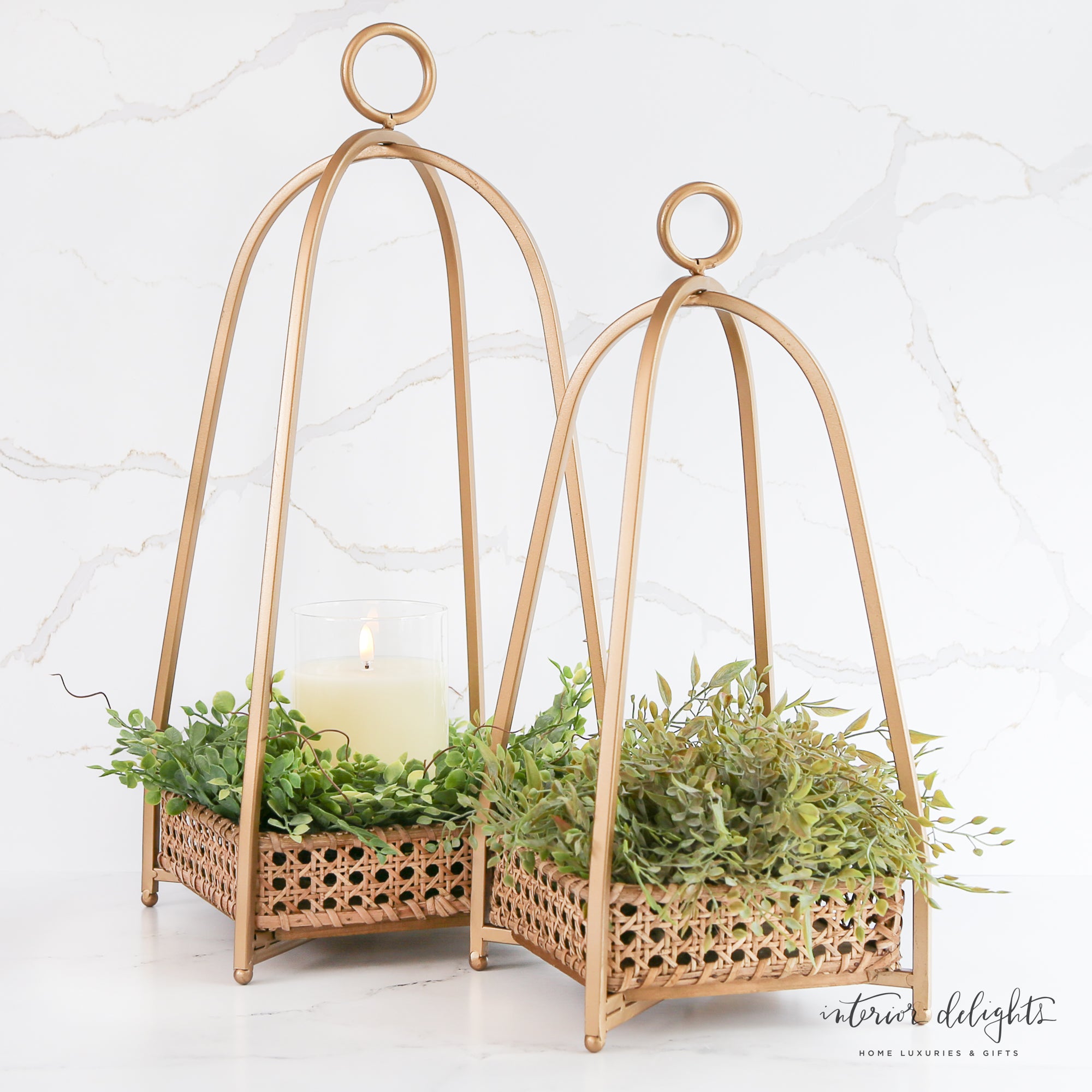Set of 2 Cane Tray Lanterns showcasing a stunning gold metal finish and elegant open-weave cane design.