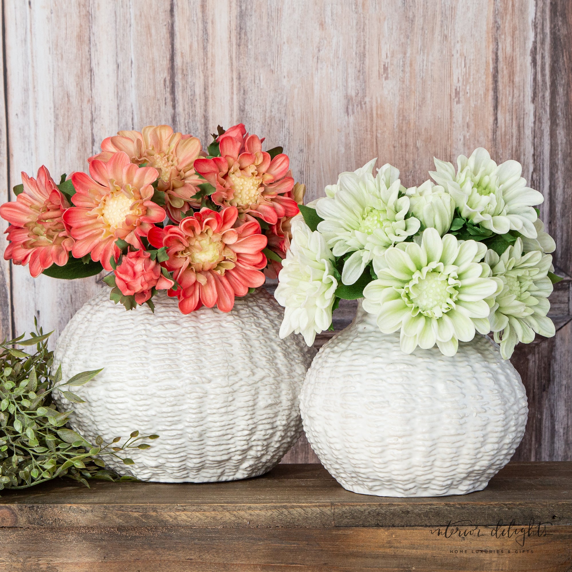 Two 13” Mum Bundles in woven ceramic vases, showcasing spring and summer decorating ideas.