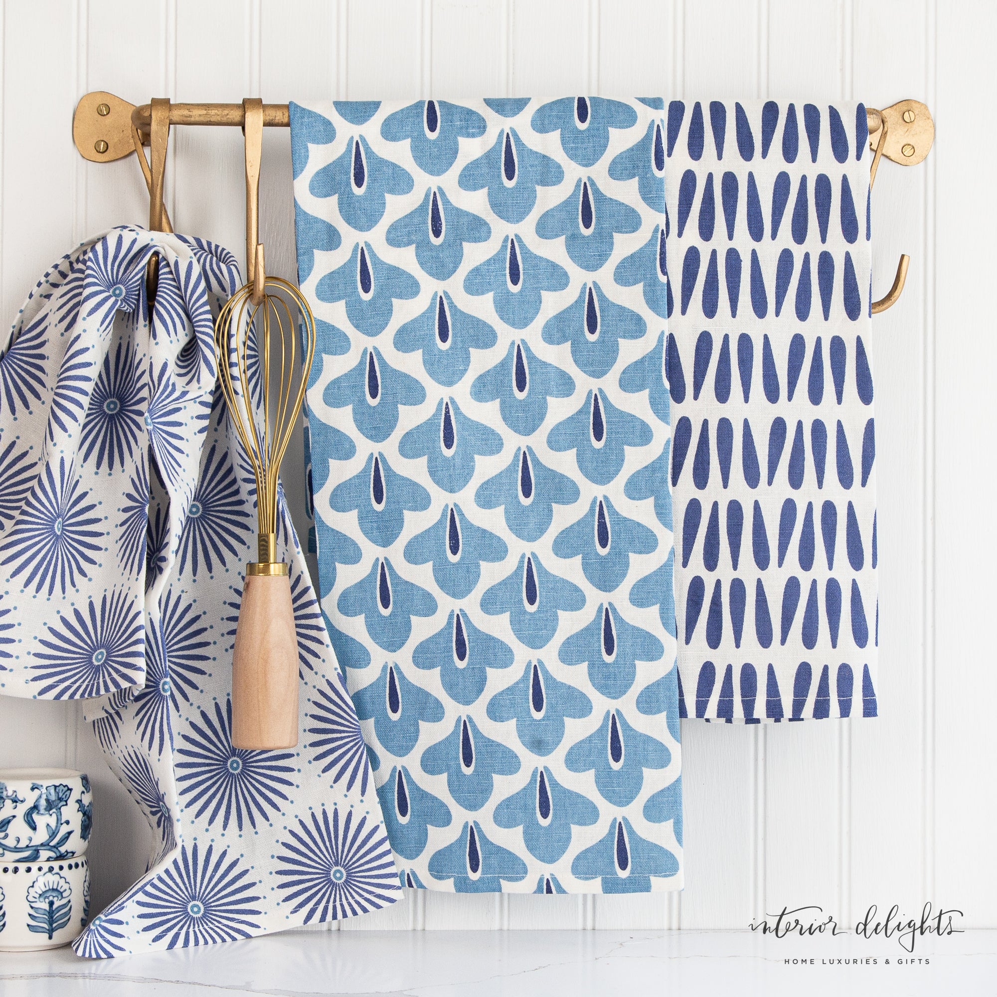 Blue Design Kitchen Towels featuring elegant Blue Burst, Blue Drop, and Blue Iris patterns, measuring 28 inches by 16 inches; perfect for stylish kitchen decor.