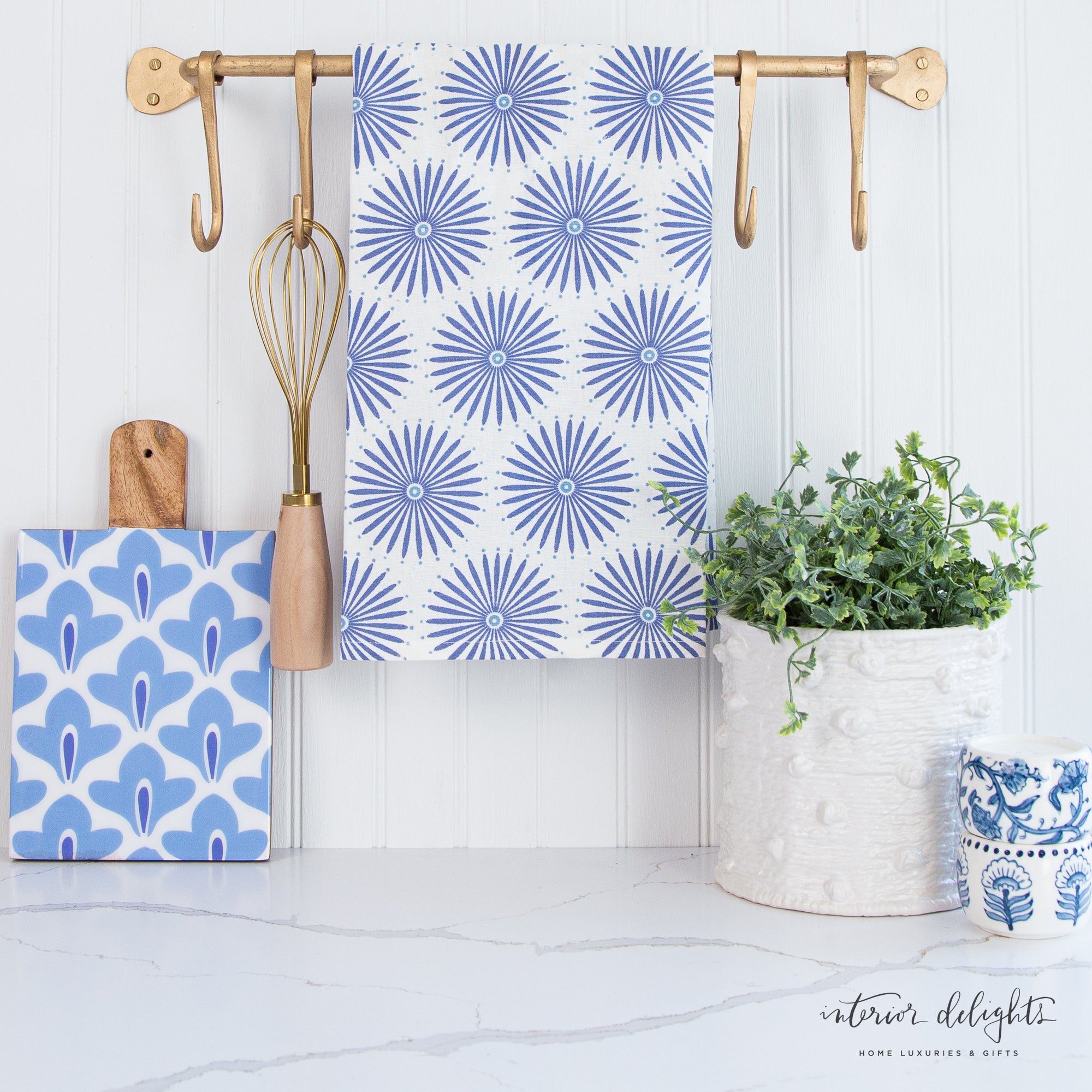 Machine washable Blue Design Kitchen Towels with a convenient hanging loop, sold individually.