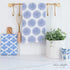 Machine washable Blue Design Kitchen Towels with a convenient hanging loop, sold individually.