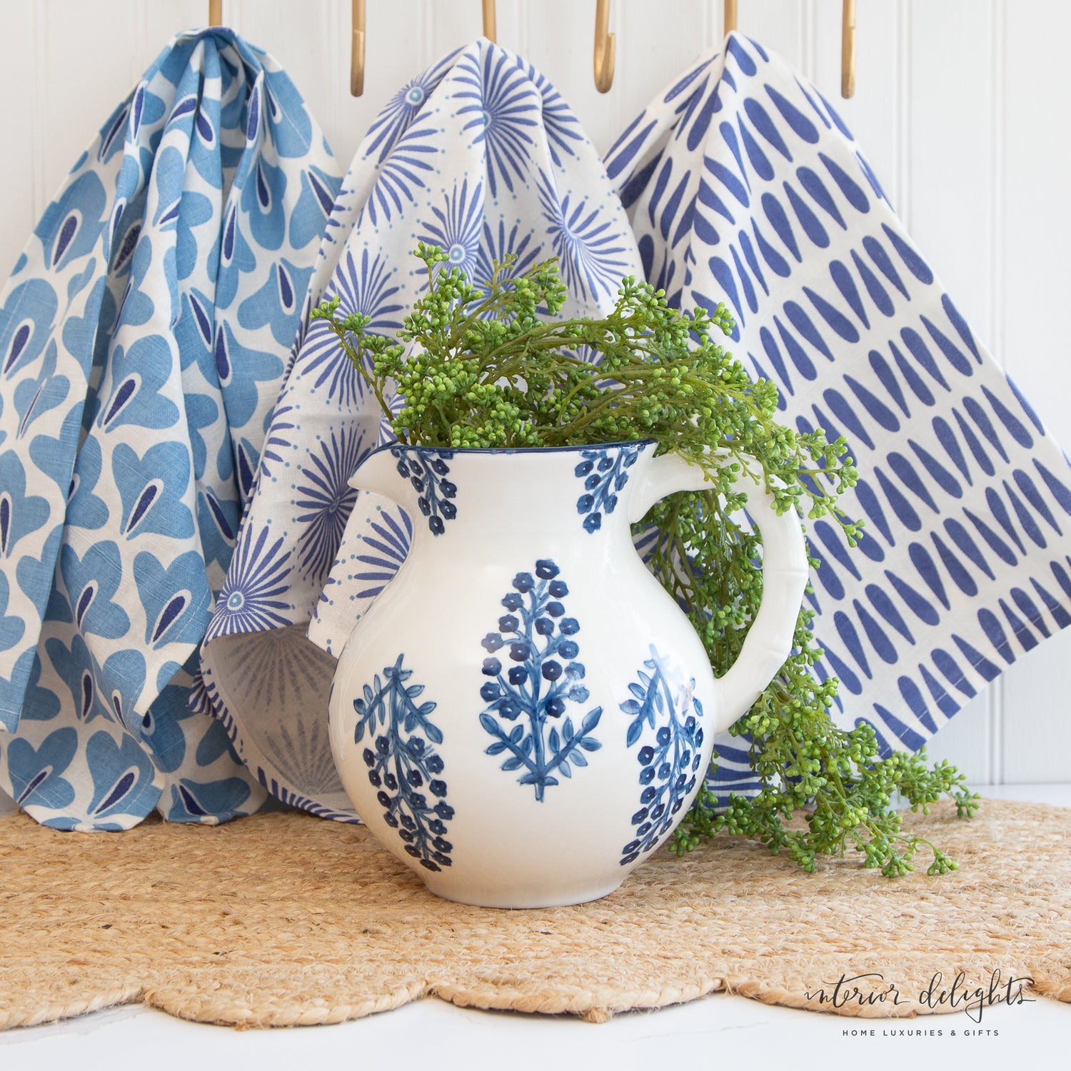 Block Print Pitcher displayed with New England Hydrangea stems, emphasizing its elegant design.