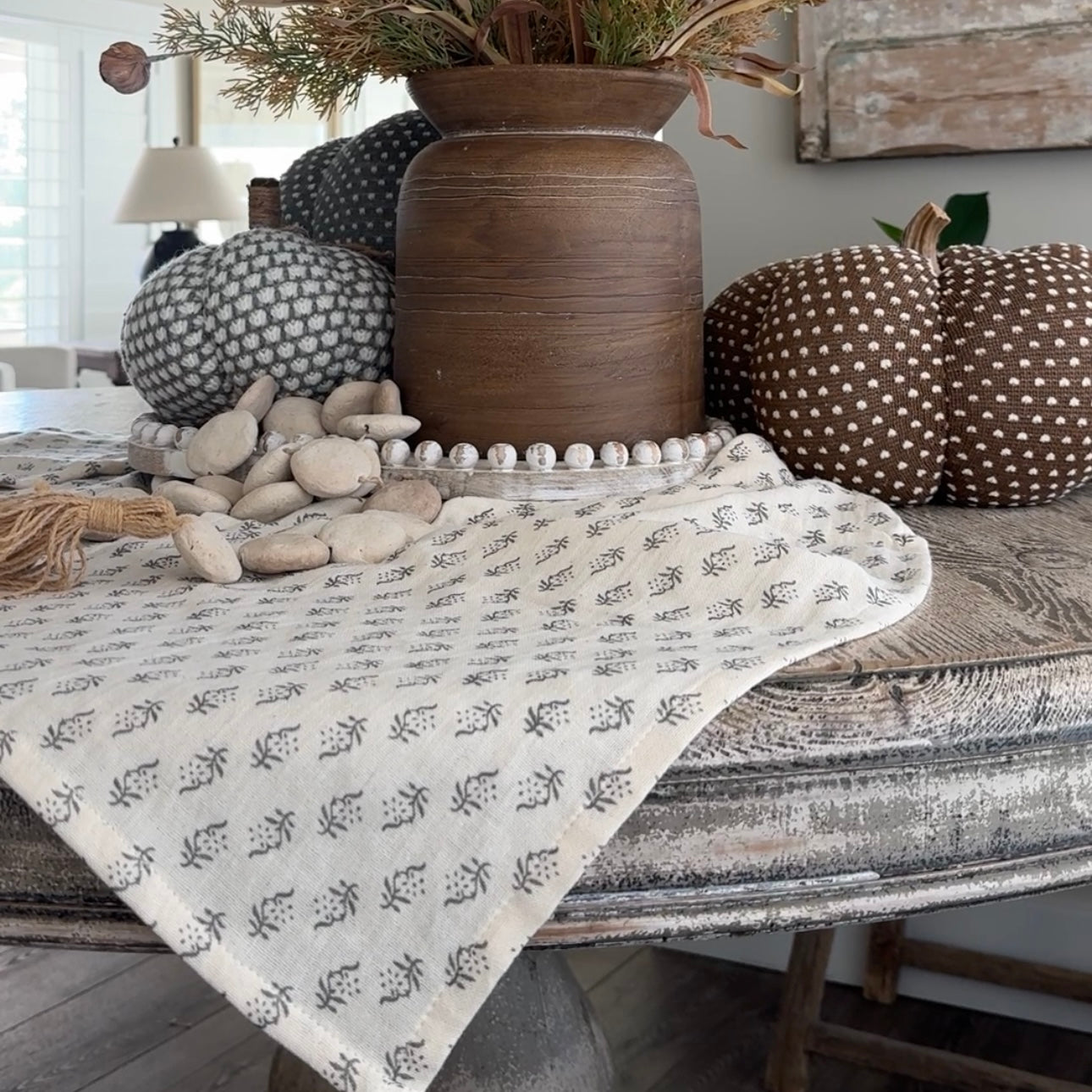 Block Print Runner-Ivory & Gray displayed on a well-set dining table, showcasing its soft wrinkled texture.