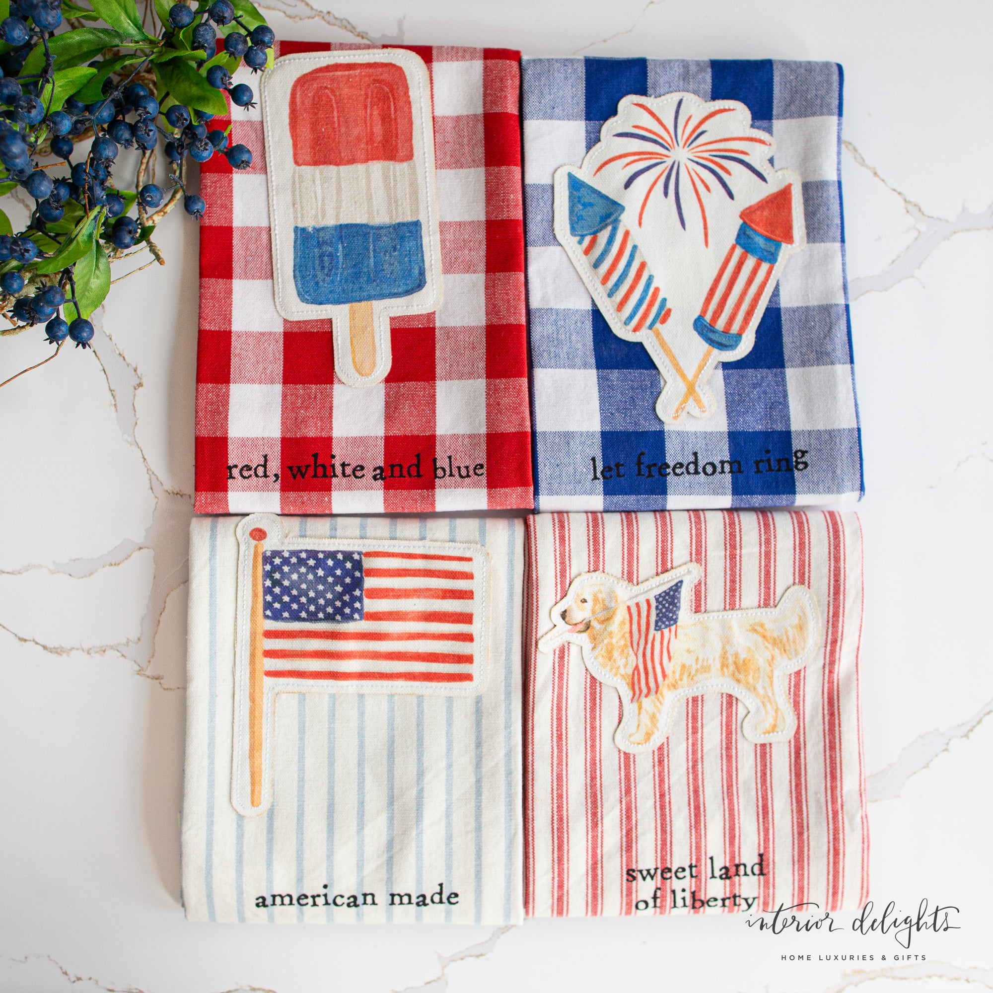Patriotic Towels - Unique design featuring Popsicle Patch, Firework Patch, Flag Patch, and Dog Patch, perfect for celebrating the 4th of July.
