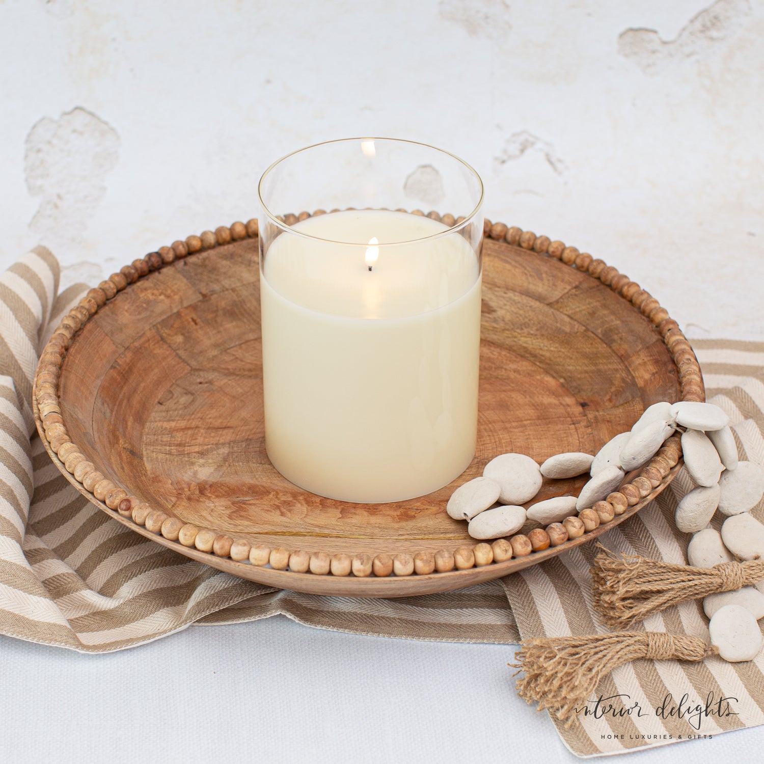 Stylish Wood Beaded Nesting Trays Set of 2 displayed with snacks, showcasing their functional and decorative use