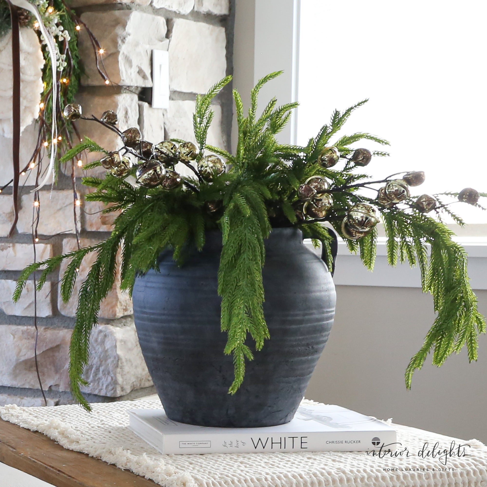 10" Charcoal 4 Handle Vase showcasing its elegant design with four handles, perfect for displaying greenery.