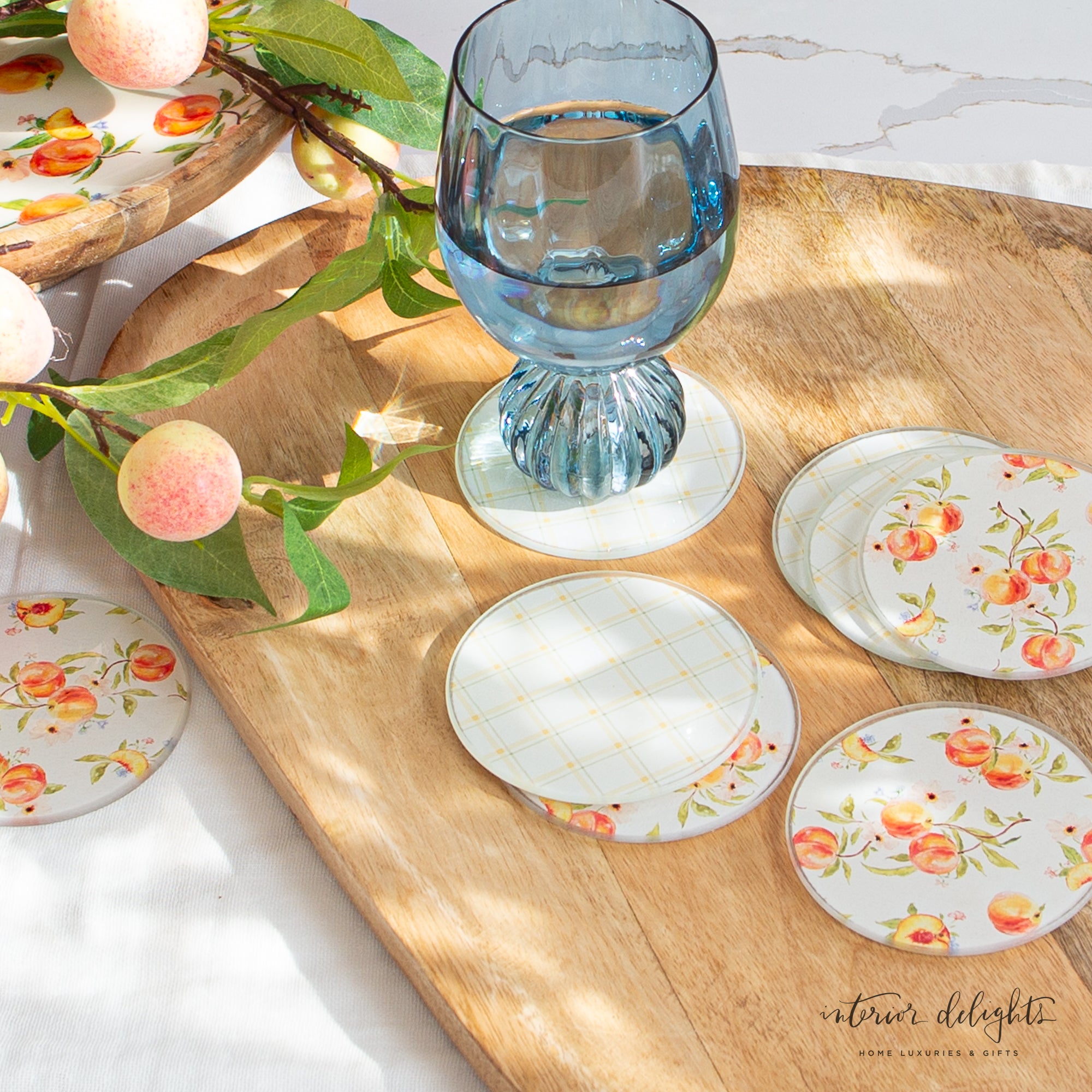 Printed Pattern Glass Coasters in peach design, set of 8 decorative drink coasters for stylish surface protection.