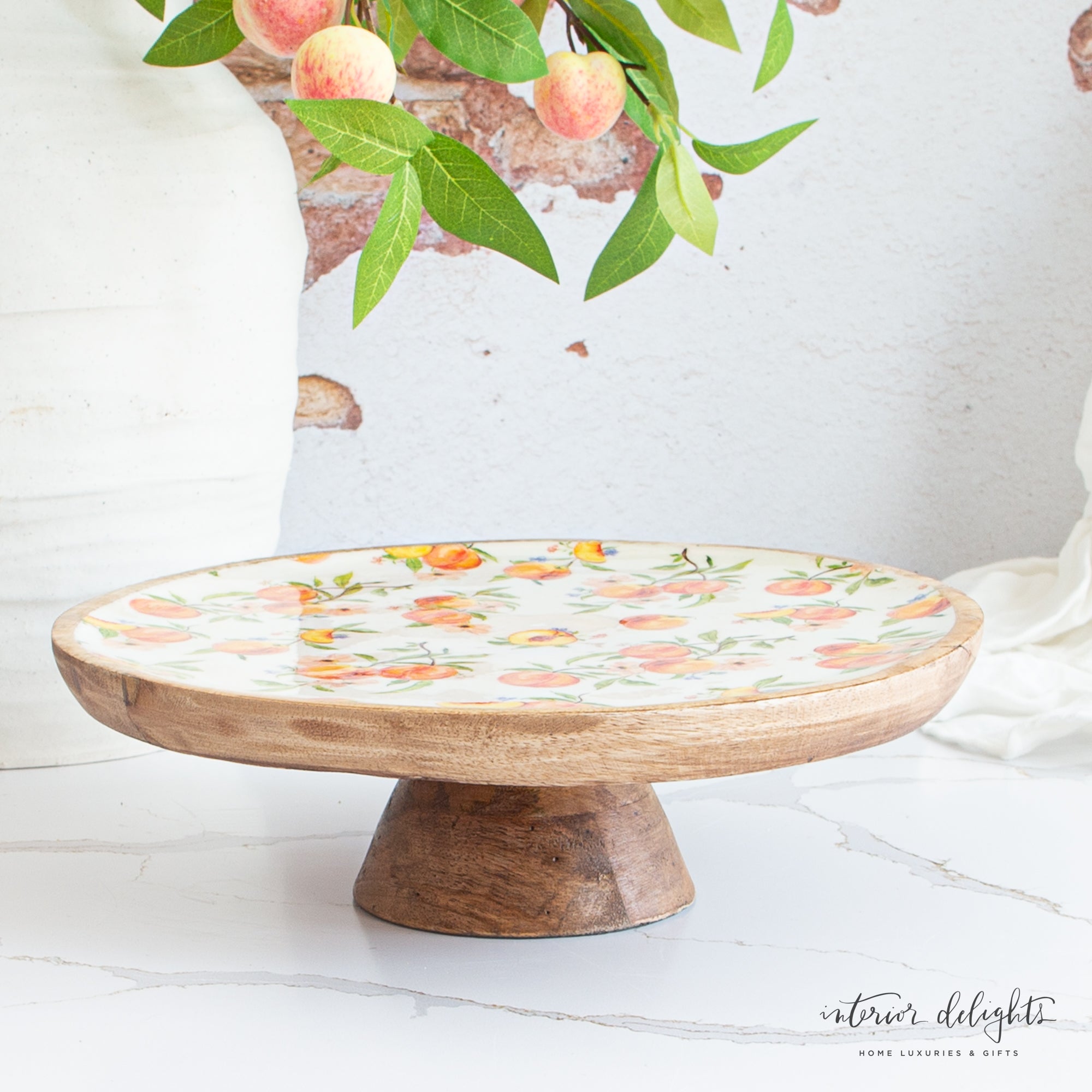 Peachy Enamel & Wood Serving Pedestal