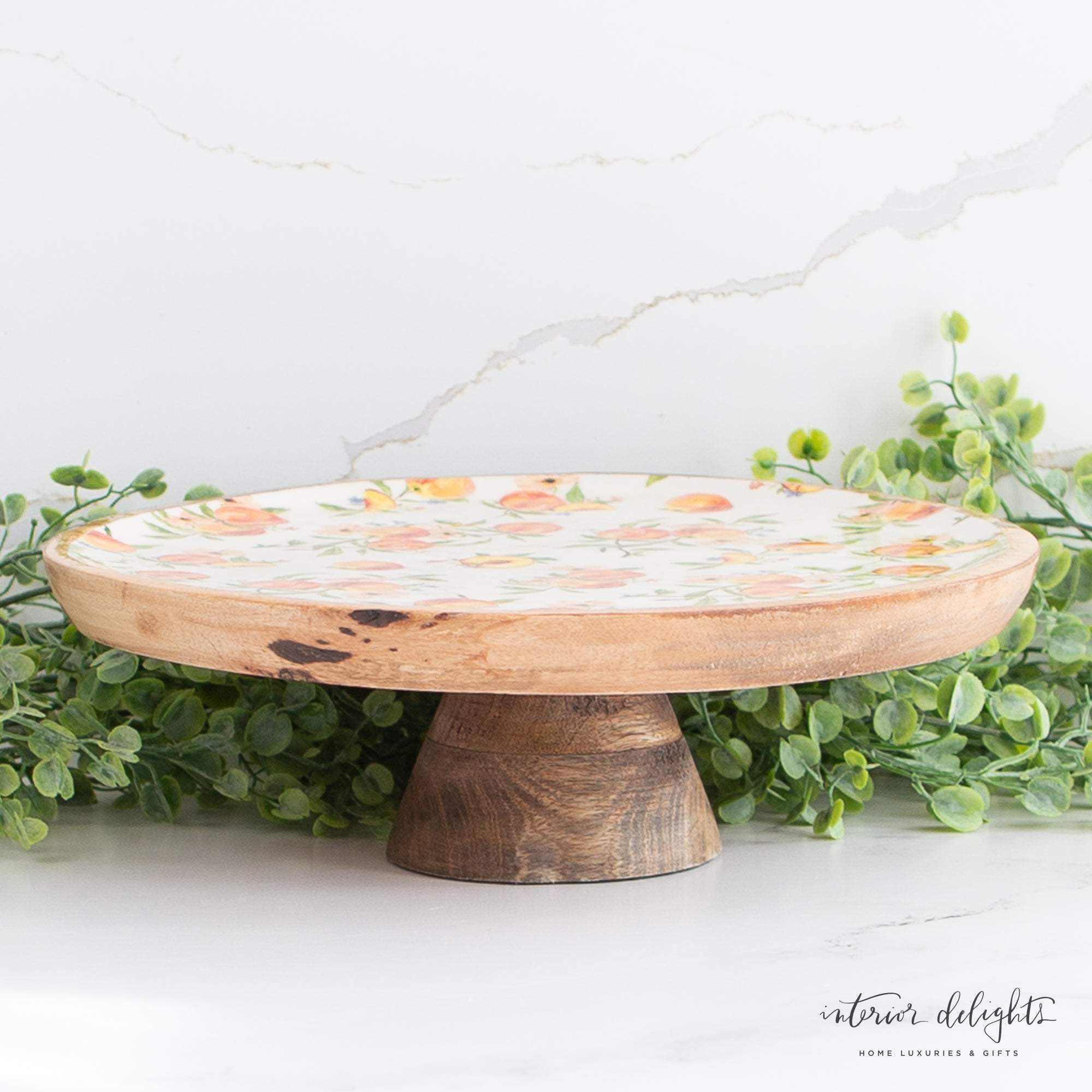 Peachy Enamel & Wood Serving Pedestal