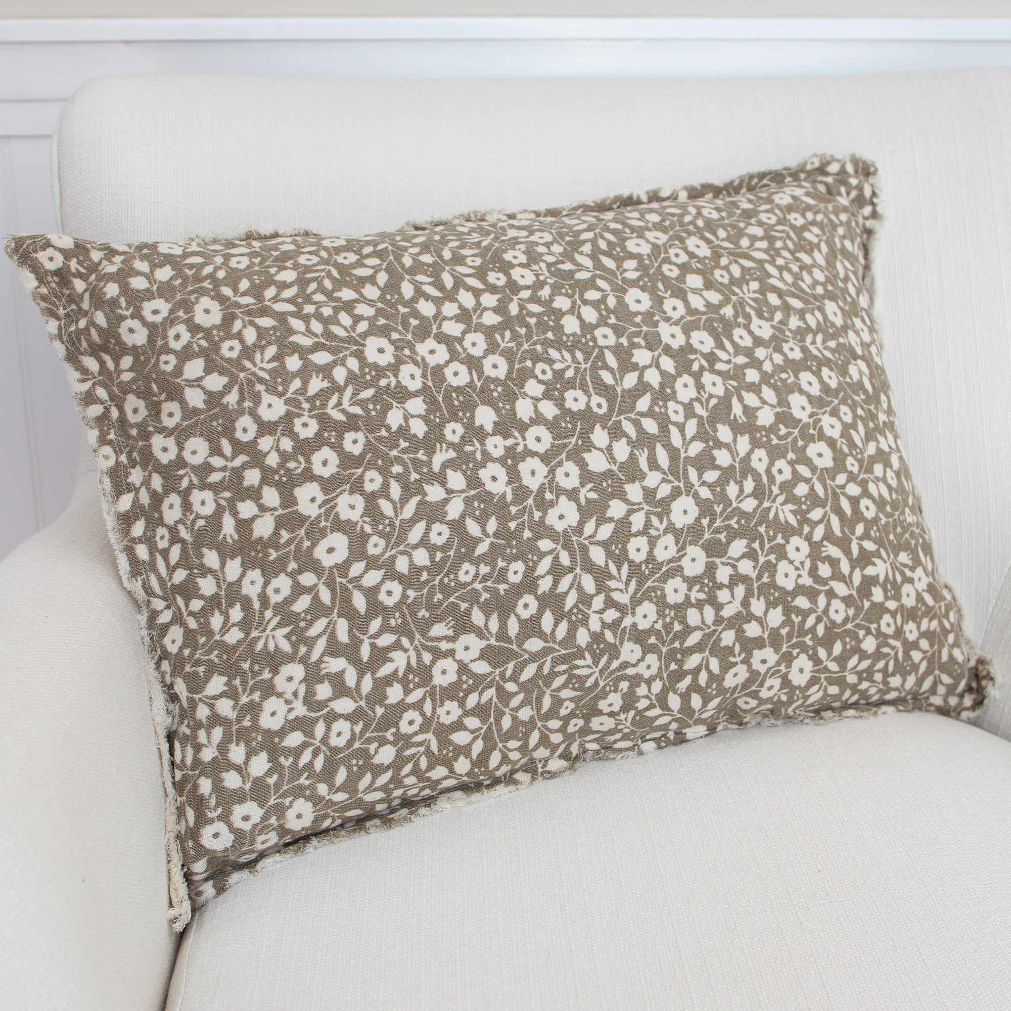 Beige Floral and Leaf Lumbar Pillow- 14in x 20in