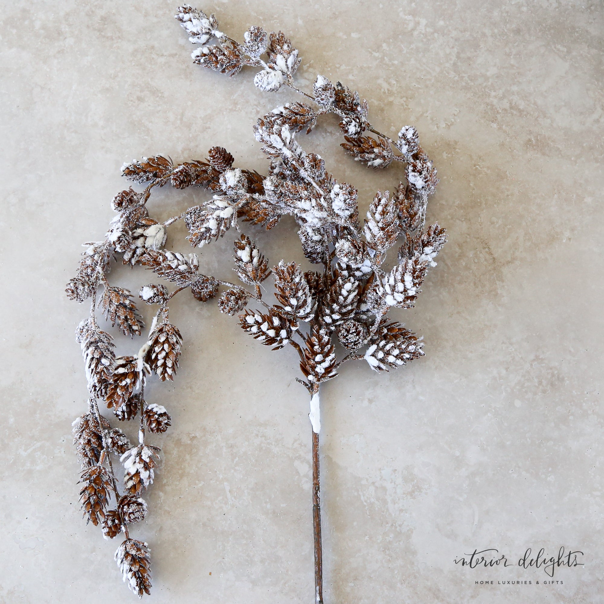 46" Mini Snowy Pinecone Hanging Spray displaying delicate pinecones with a snowy finish for holiday decor.