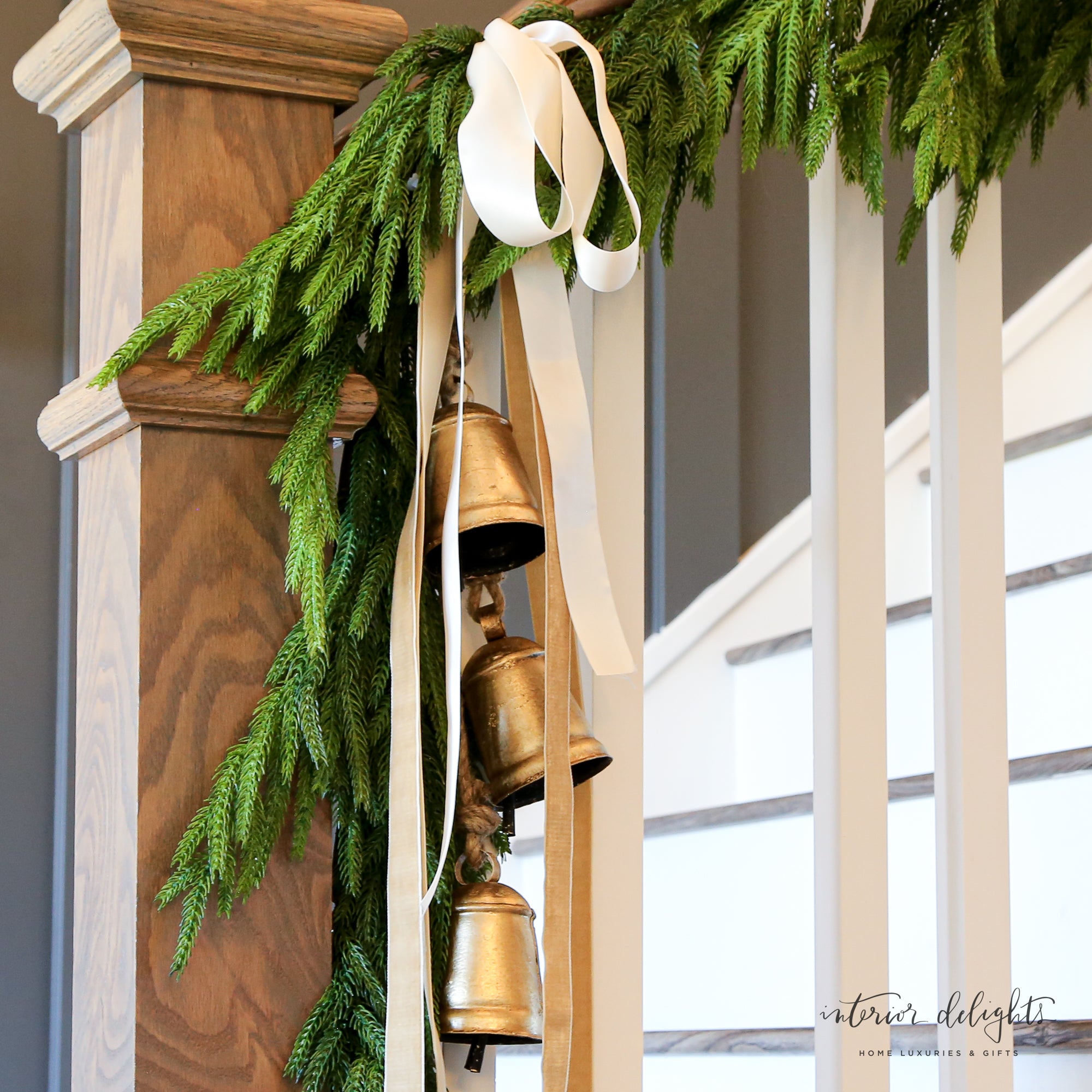Vintage Flared Bells on Jute Hanging Rope displayed on a mantel, creating a warm and inviting holiday atmosphere.