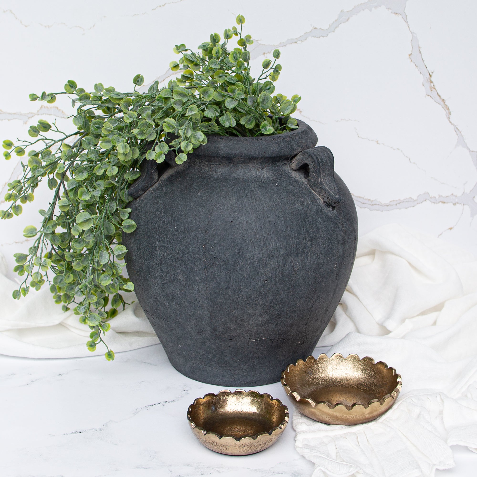 11” Charcoal Clay Pot featuring a matte finish and stylish looped handles, perfect for home decor.