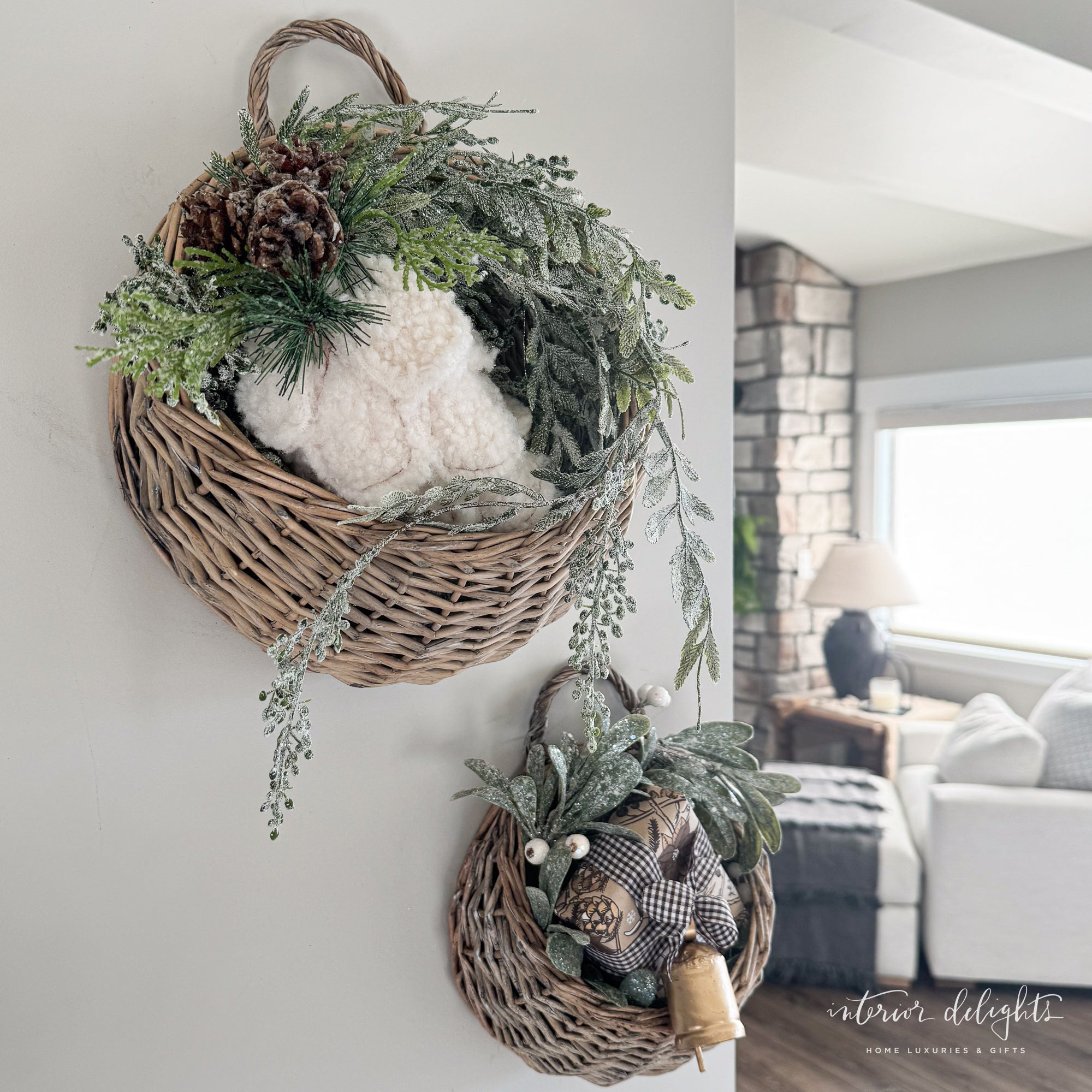 Set of 2 Round Willow Baskets displayed with greenery showcasing rustic charm for home decor.