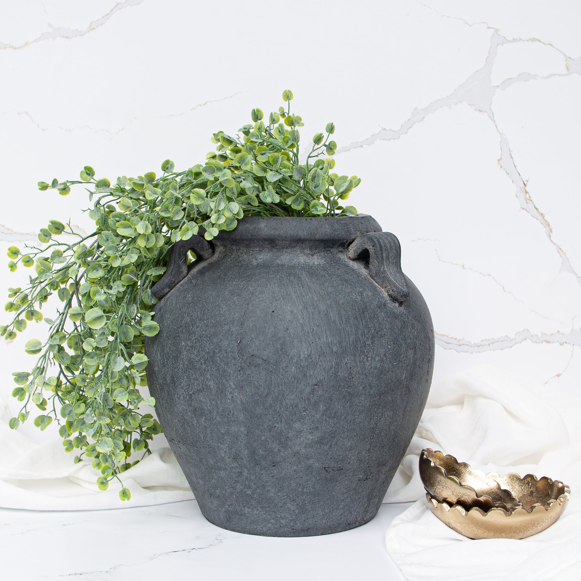 Handcrafted 11" Charcoal Clay Pot with natural texture, ideal for displaying faux plants or as a decorative item.