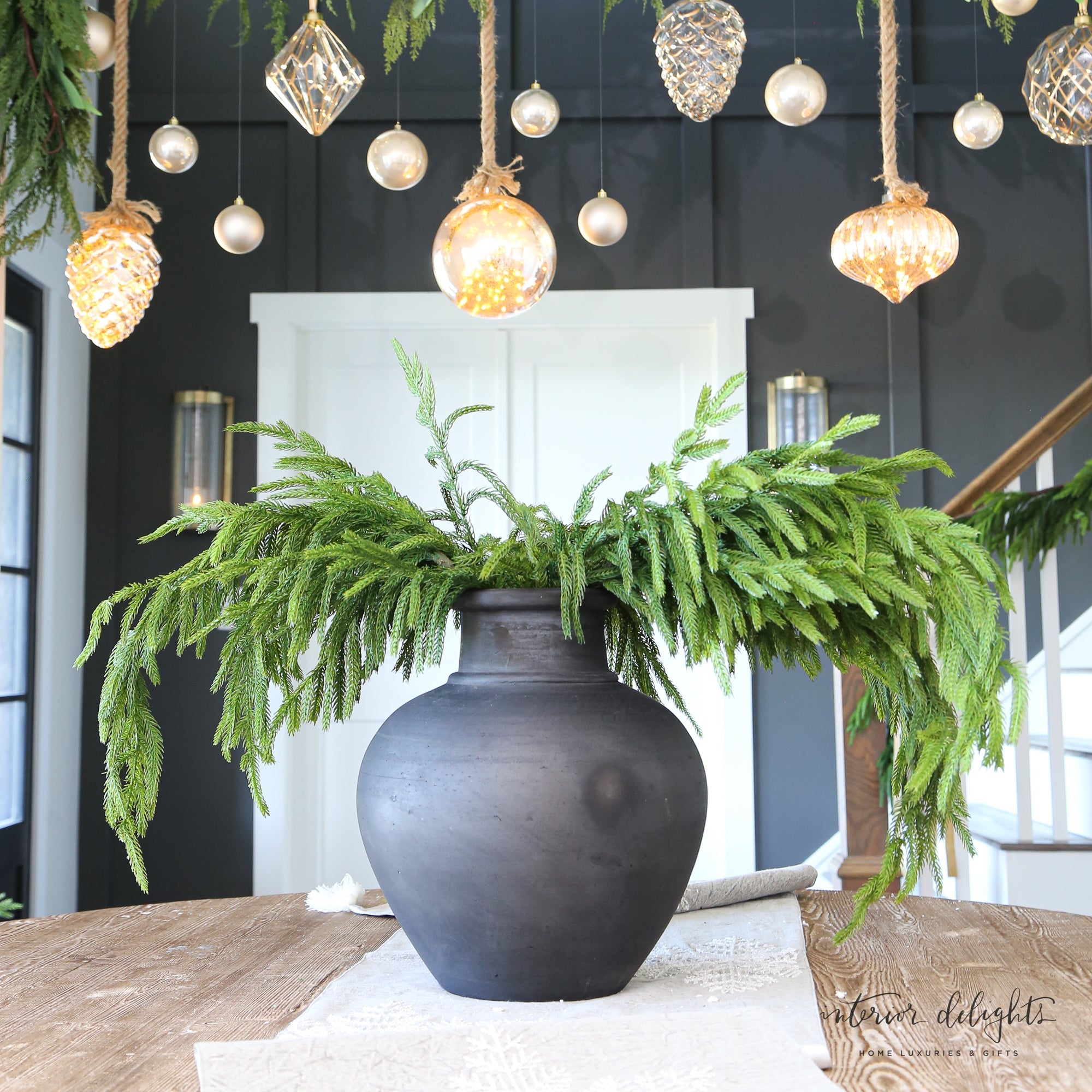 ARRANGEMENT: 4 Handle Vase with Gold Bells and Norfolk Sprays