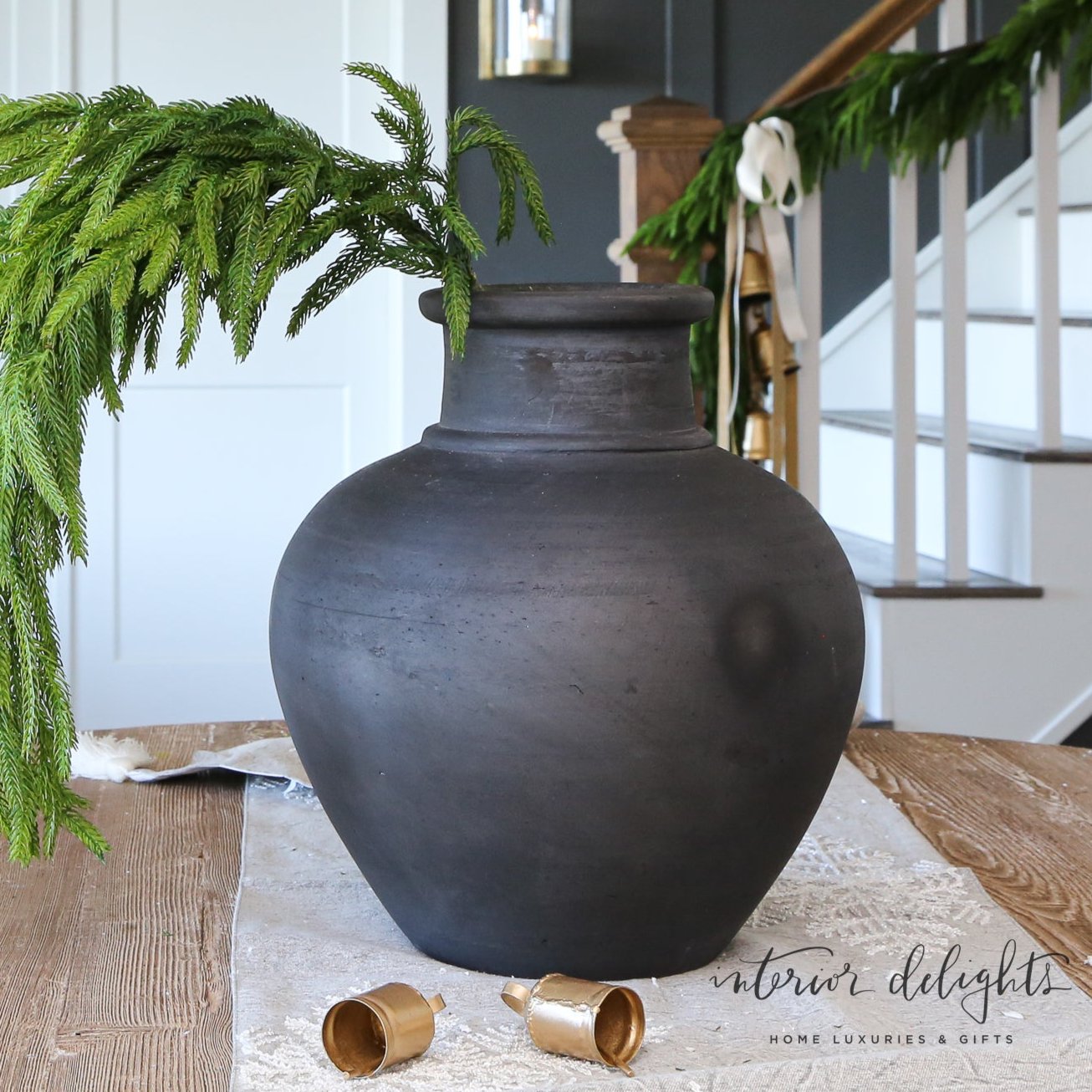 Arrangement: 13.5 in Black Terracotta Vase + Six 35" Snowy Pine Branch With Red Bells