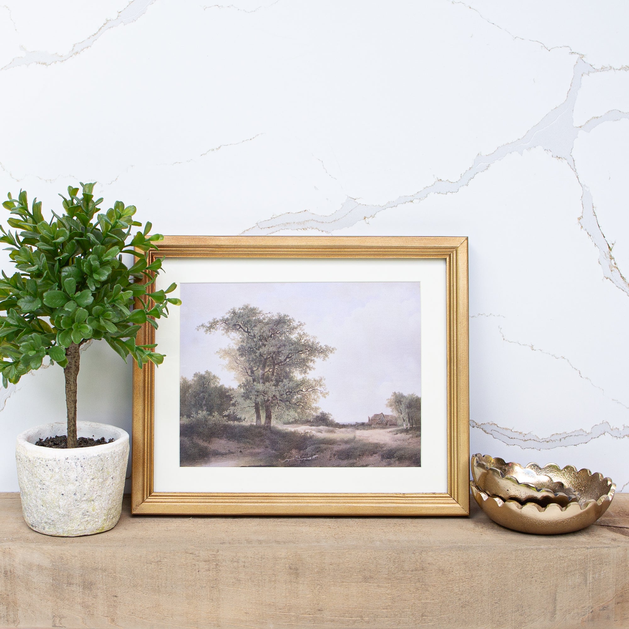 Canvas Wall Art - Landscape featuring a serene tree scene in soft natural tones with a gold-toned frame and white mat.
