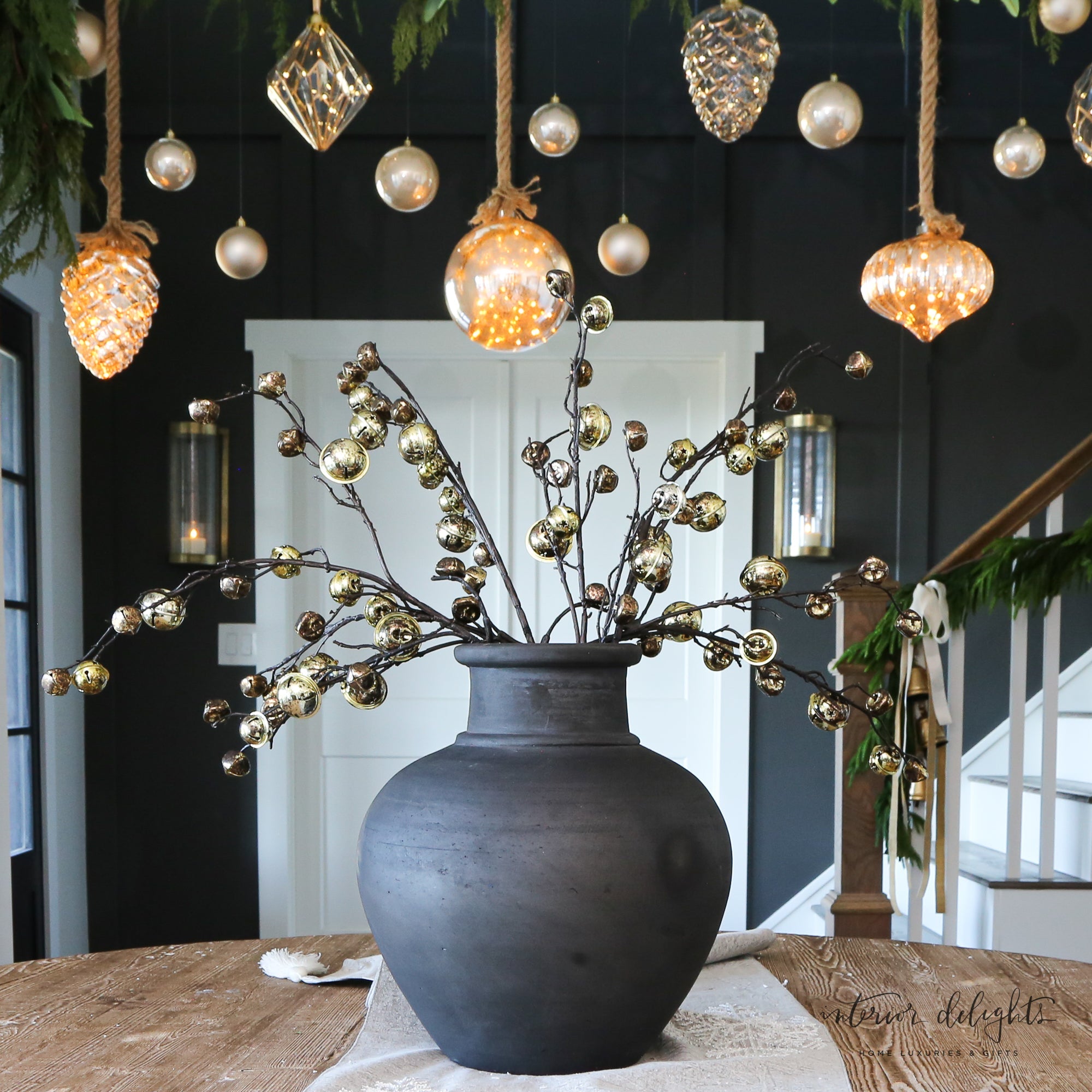 ARRANGEMENT: 4 Handle Vase with Gold Bells and Norfolk Sprays